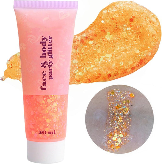 Go Ho Orange Face Body Glitter,Sparkle Orange Face Paint Glitter Makeup,Holographic Chunky Sequins Glitters Gel for Eye Lip Hair Nails,Festival Rave Accessories,52g