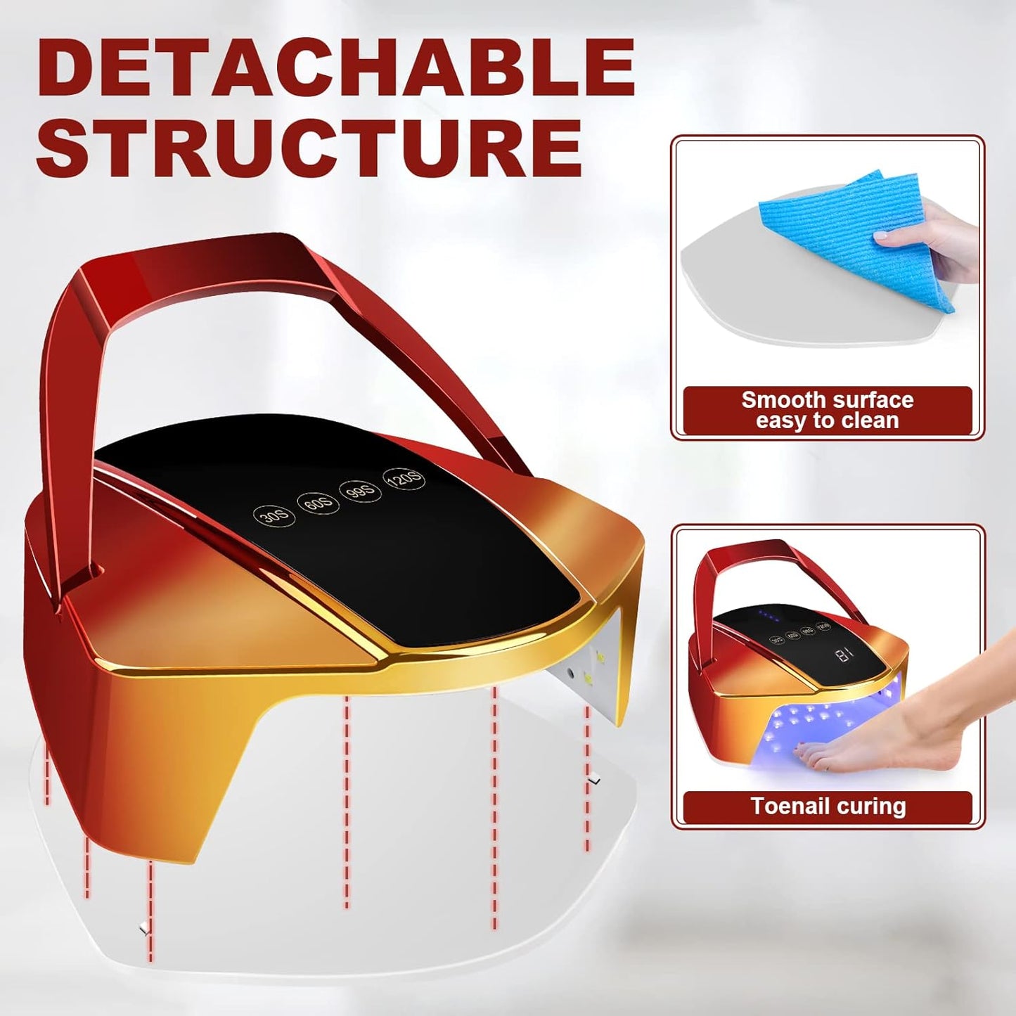 96w Cordless LED Nail Lamp with Portable Handle Professional Curing UV Lamp for Gel Nails Auto Infrared Sensor and 4 Timers (Red)