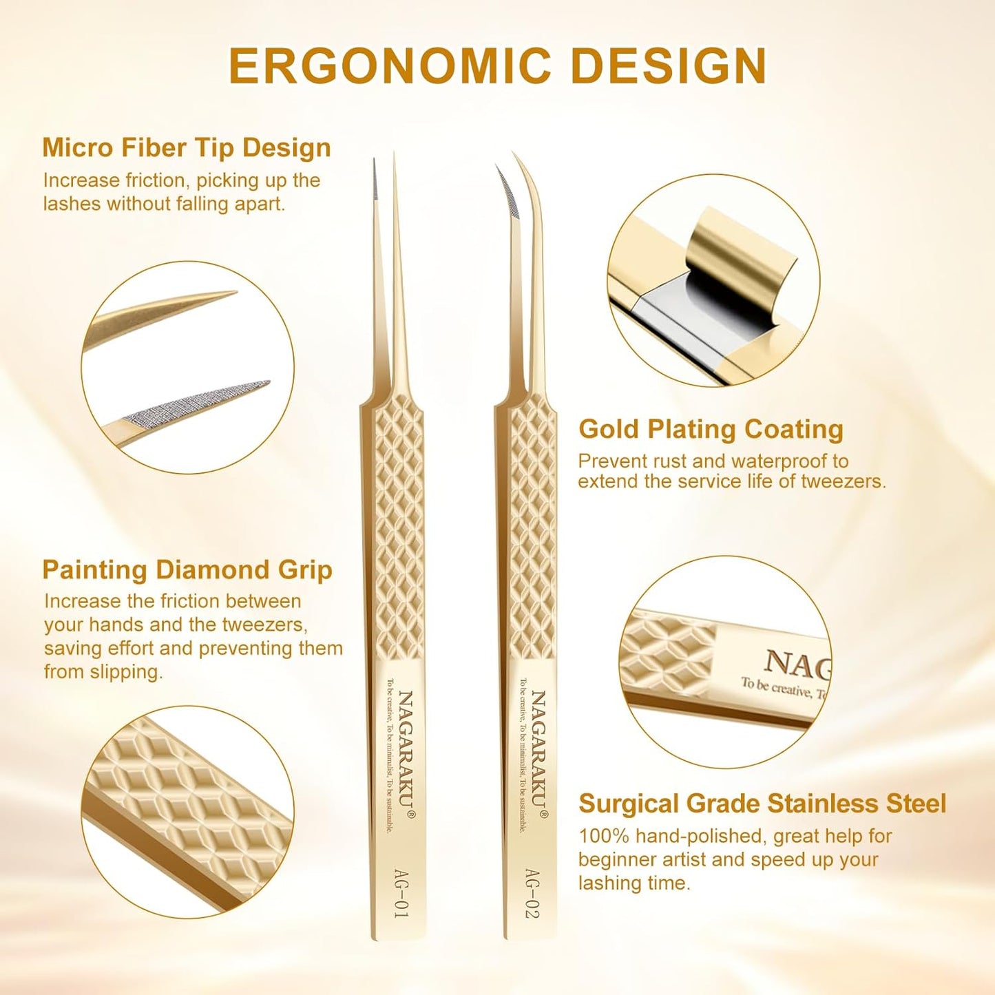 NAGARAKU 1 Pair Precision Fiber Tip Tweezer for Eyelash Extensions Professional Eyelash Tweezers Antistatic Straight & Curved Tip Tweezers with Box(Isolation & Volume Lash Tweezers AG-01 & AG-02)