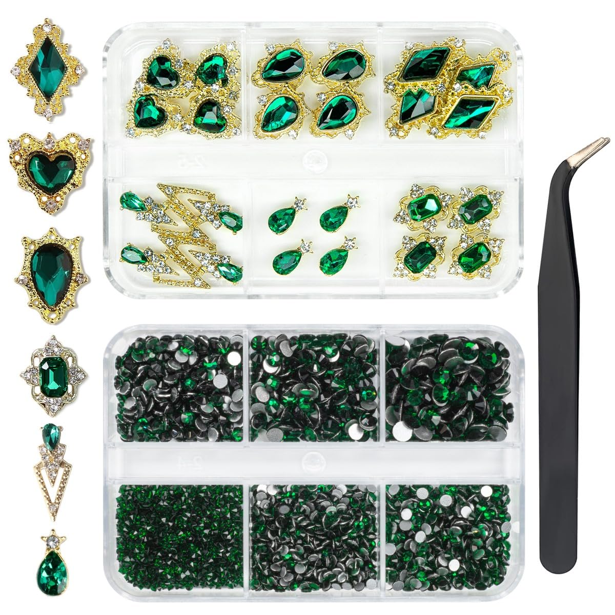 24pcs Green Luxury Nail Charms + 2000pcs Emerald Green Rhinestones 3D Big Gems Glass Crystals Diamonds Jewelry Stones Alloy Art Studs Decor Supplies Heart Charms for Arylic Nails Crafts