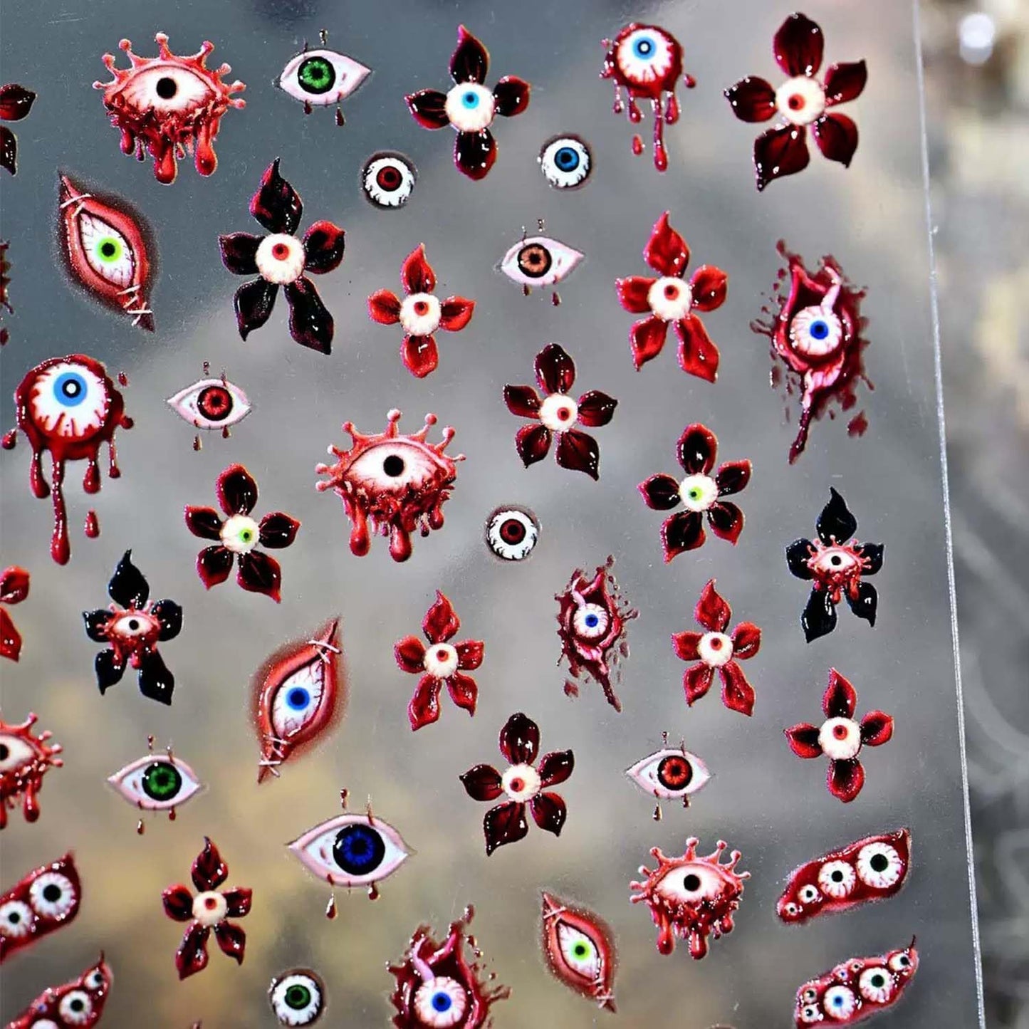 Halloween Nail Sticker 5D Embossed Self-Adhesive Nail Art Stickers Horror Nail Art Decals with Eye Flower Design Nail Decals Supplies for Women Girls Manicure Accessories Decoration