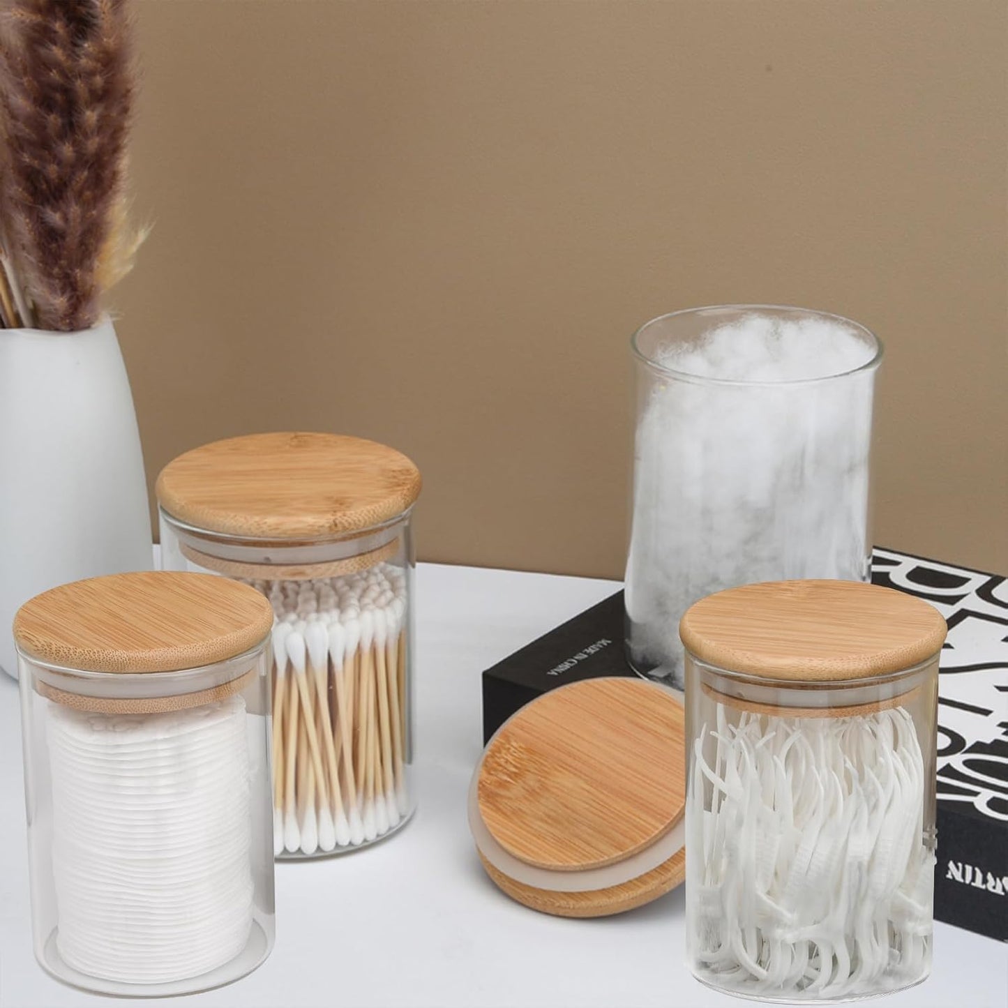 4 Pack Glass Qtip Holder Dispenser Set - Apothecary Jars with Lids for Vanity Makeup Organizer - Bathroom Canister Storage Organizer for Cotton Ball, Swab, Round Pads,Floss