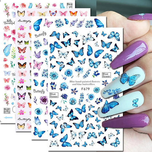 Butterfly Nail Art Stickers Decals 3D Butterfly Self Adhesive Nail Design Stickers Pink Blue Purple Butterflies Leaf Nail Decals for Women Girls DIY Butterfly Nail Stickers Decoration Supply 6 Sheets