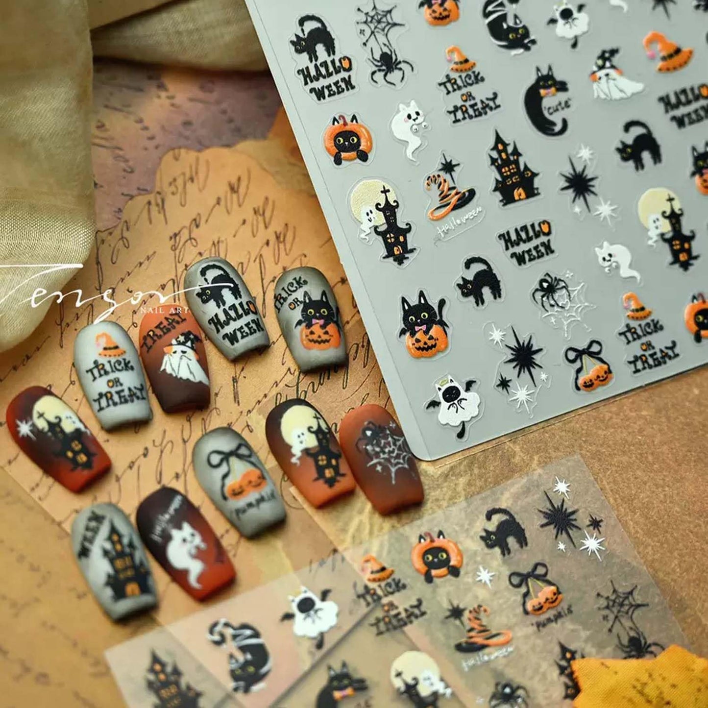5D Embossed Halloween Nail Stickers for Nail Art Cute Nail Art Decals Self-Adhesive Pumpkin Nail Decals Design Manicure Supplies Black Cat Nails Decoration Accessories for Women Girls