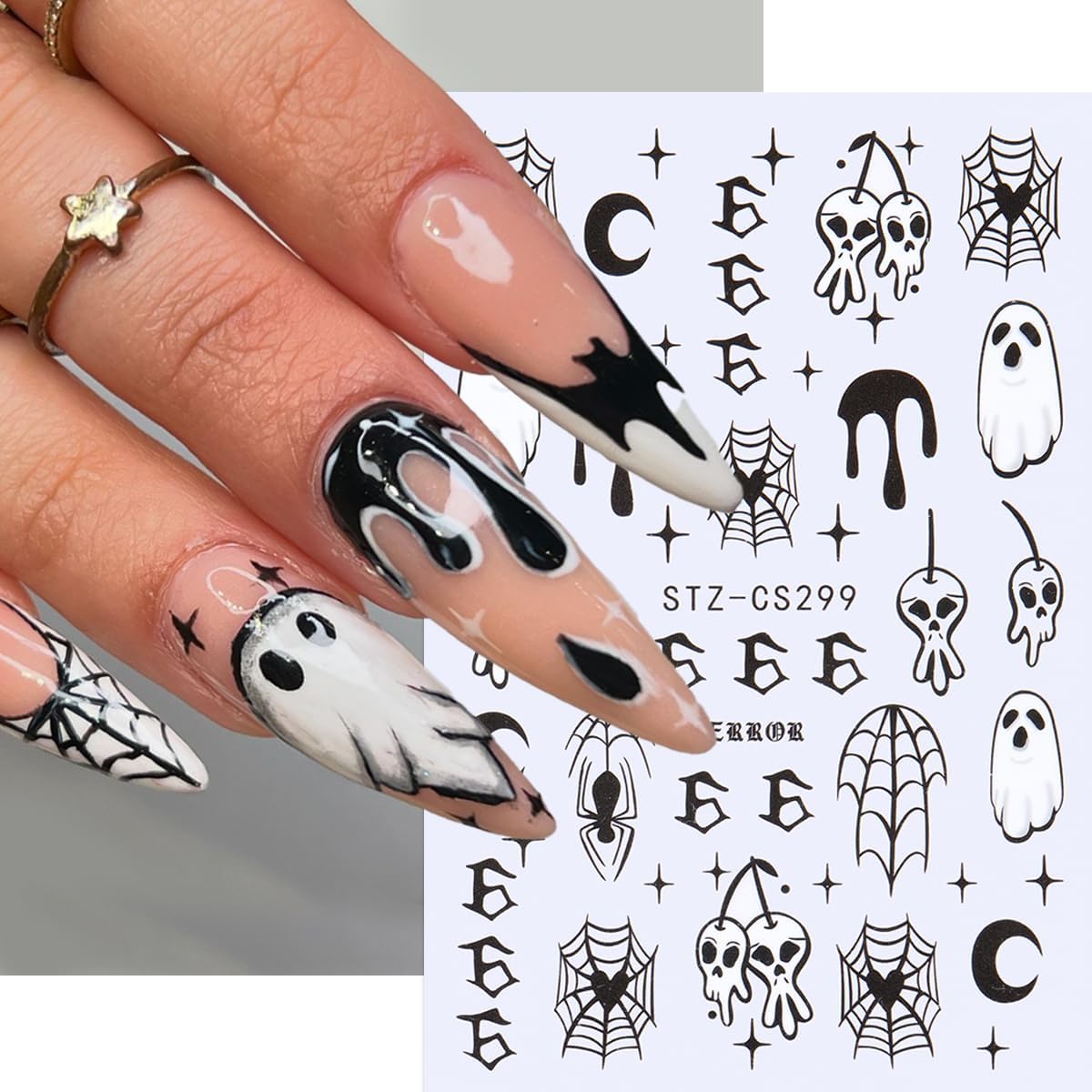 6 Sheets Halloween Nail Art Stickers Spider Web Nail Decals Pumpkin Ghost Nail Stickers Bat Heart Line Flame Nail Sticker for Nail Art 3D Self Adhesive Holiday Manicure Supplies for Women