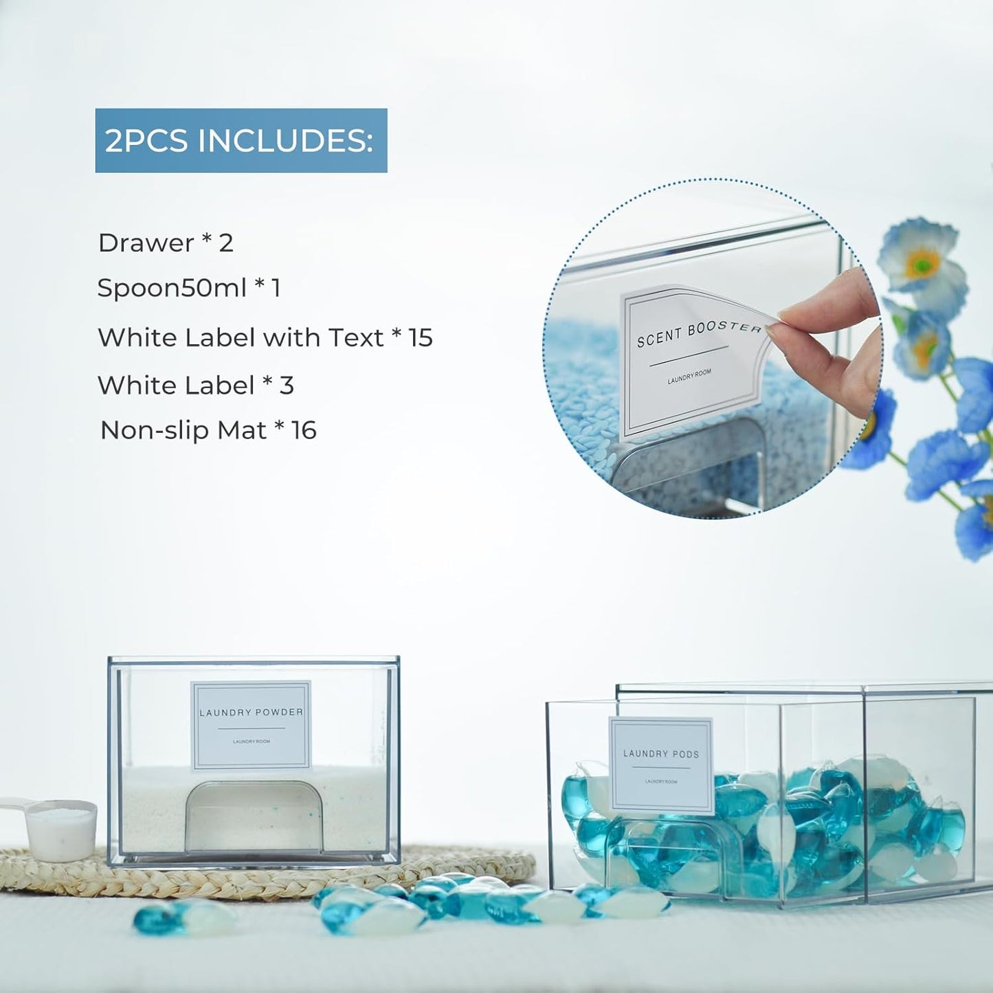 2 Pack Laundry Room Organization and Storage Containers with Labels, Stackable Clear Plastic Storage Drawers for Dryer Sheet Holder, Laundry Pods Container, Laundry Room Decor for Organizing