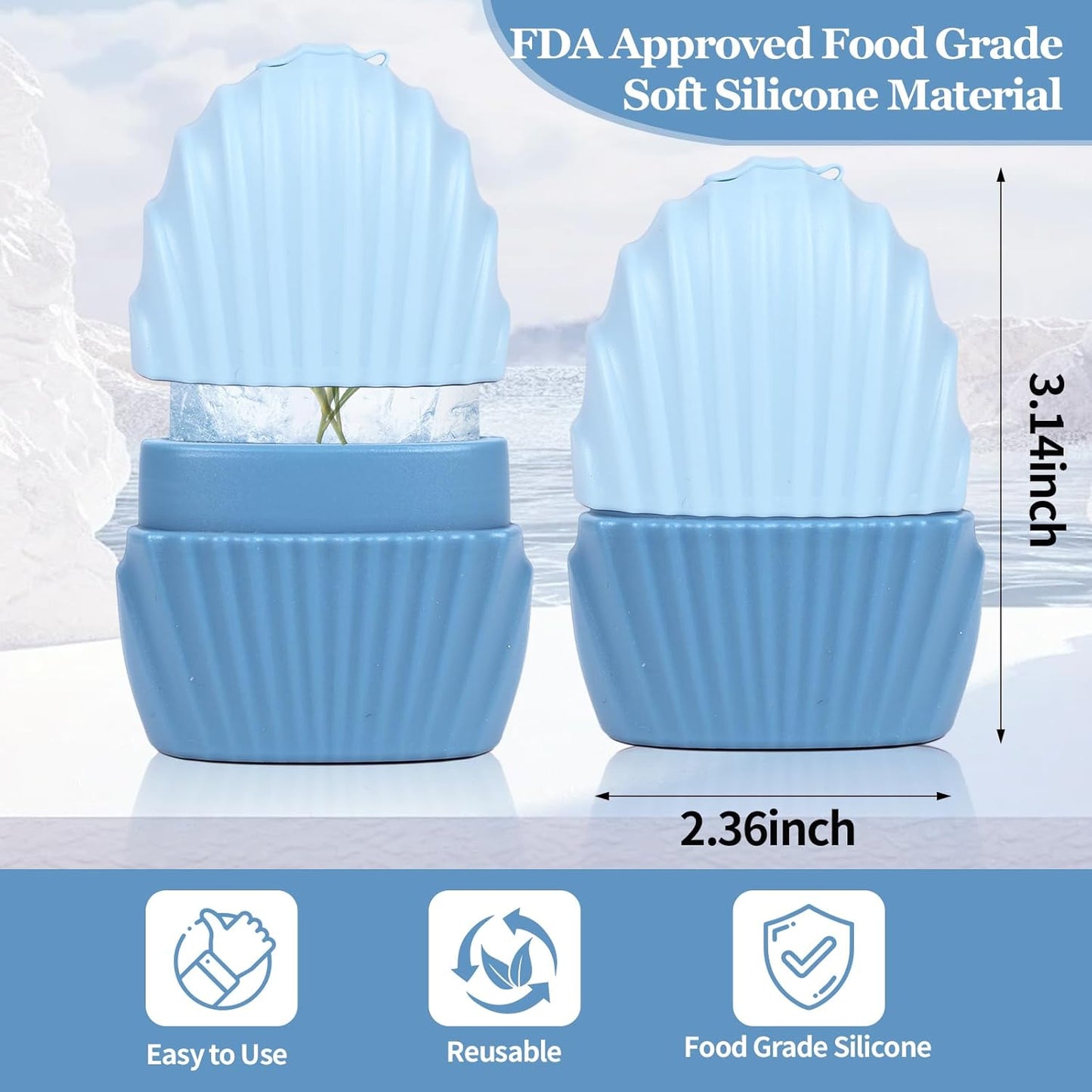 Ice Cube Roller for Face,Eyes and Neck,Reusable Silicone Ice Mold Mermaid Shell Shape for Shrink Pores Anti Wrinkle and Skin Beauty Care,Reduce Migraine Pain,Gua Sha Face Massage Tools (Blue)