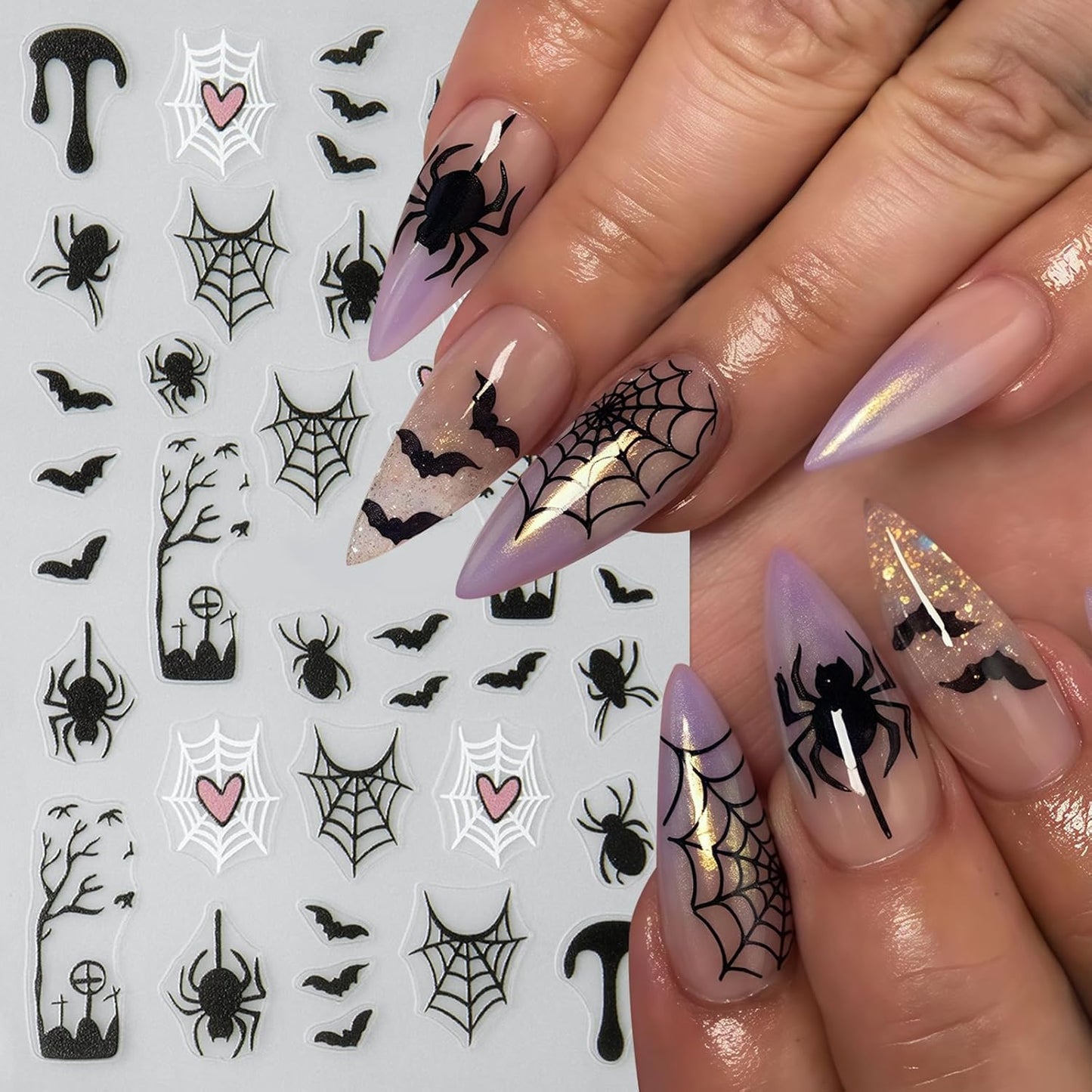 5 Sheet Halloween Nail Stickers 5D Micro Relief Self-Adhesive Cute Ghost Spider Web Nail Decals Ghost Spider Web Skull Bat Nail Design Classic Halloween Decoration for Women Manicure Art Supplies