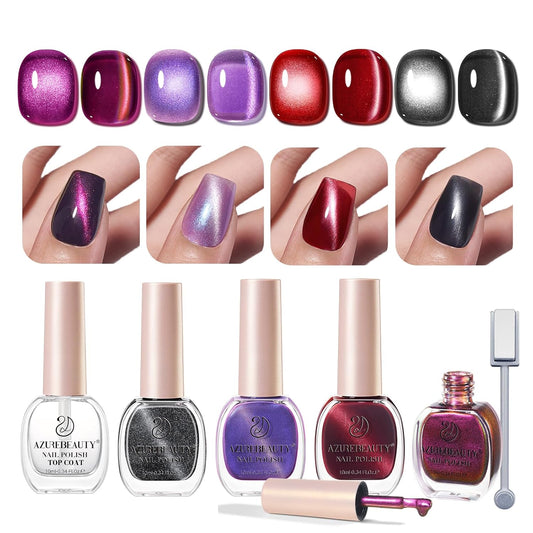AZUREBEAUTY Cat Eye Nail Polish Set Quick Dry Mooncat Glitter Holographic Purple Black Red 4 Colors Natural Fingernail with Top Coat DIY Salon Home no Gel