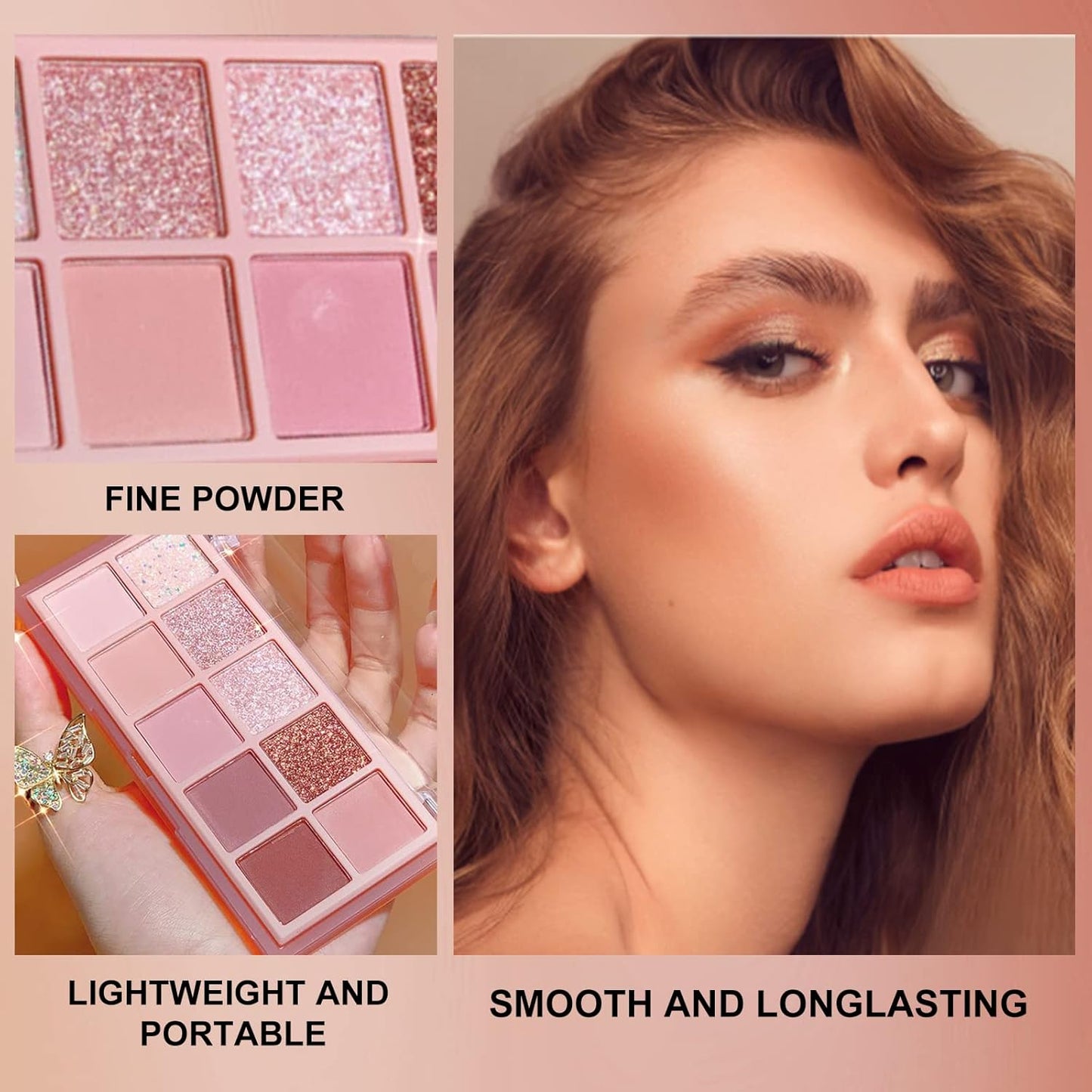 Erinde 10 Colors Eyeshadow Palette Makeup - Matte Shimmer Glitter Eye Shadow, Natural-Looking Korean Eye Makeup, Ultra-Blendable, High Pigmented, Pink Christmas Eyeshadow Palette with Brush, Rose Pink