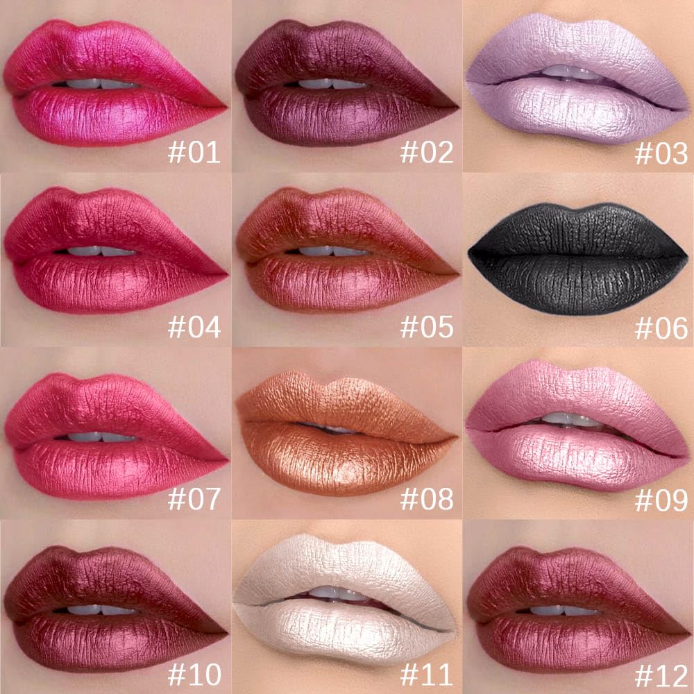 evpct 6Pcs Rose Bronze Gold Nude Pink White Dark Maroon Red Metallic Shimmer Glitter Lip Gloss Liquid Lipstick Set for Women Long Lasting Waterproof 24, Pearlescent Sparkly Glossy Lipsticks Lip Makeup