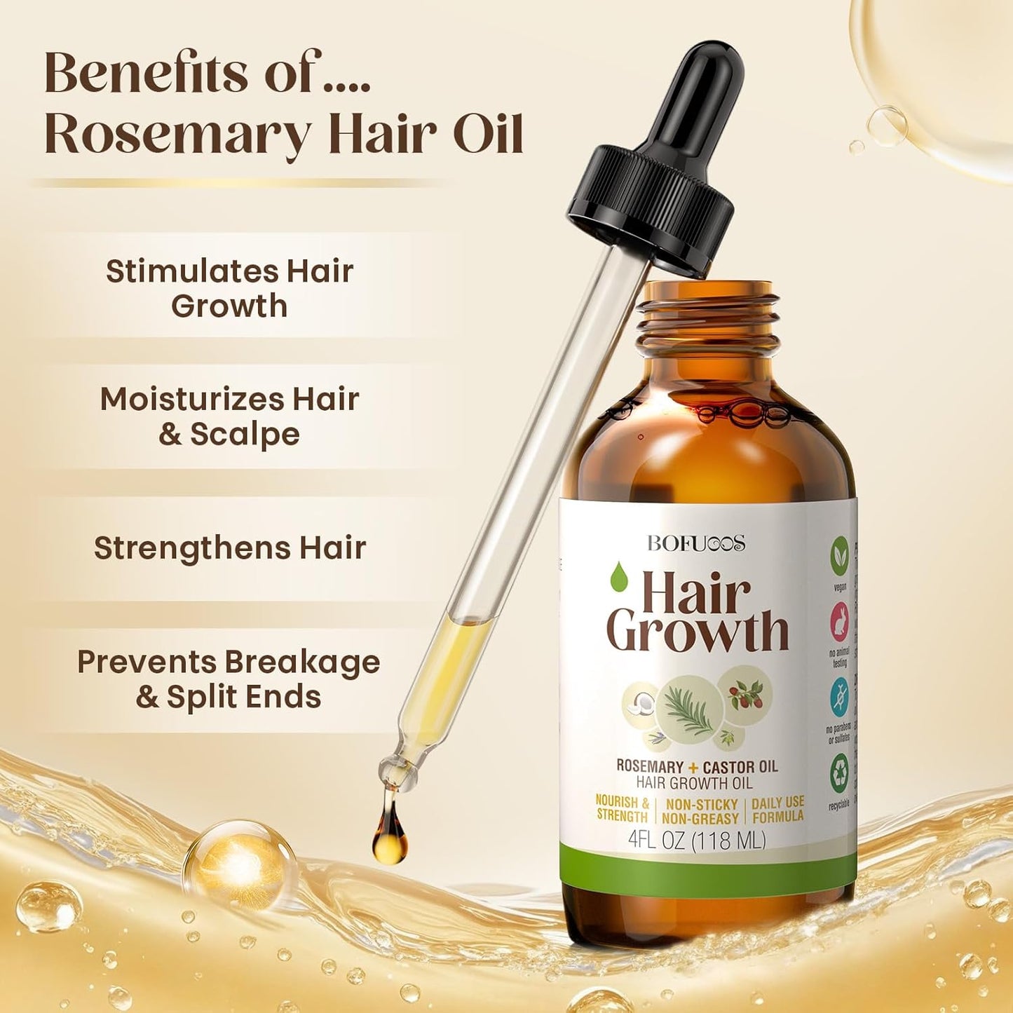 Organic Rosemary & Castor Hair Growth Oil + Scalp Massager Set – Premium Hair Strengthening Oil for Boosting Hair Health, Thickening, Soothing, Moisturizing and Natural Growth – 4.0 oz