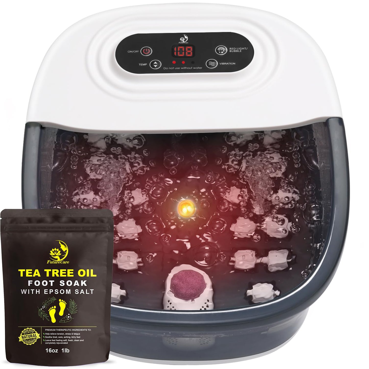 Foot Spa Bath Massager with Heat Bubbles and Vibration Massage and Jets, 16 OZ Calming Lavender Foot Soak Epsom Salt, MoodRelish Foot Soaker with Red Light, 22 Massage Rollers, Adjustable Temp -Grey