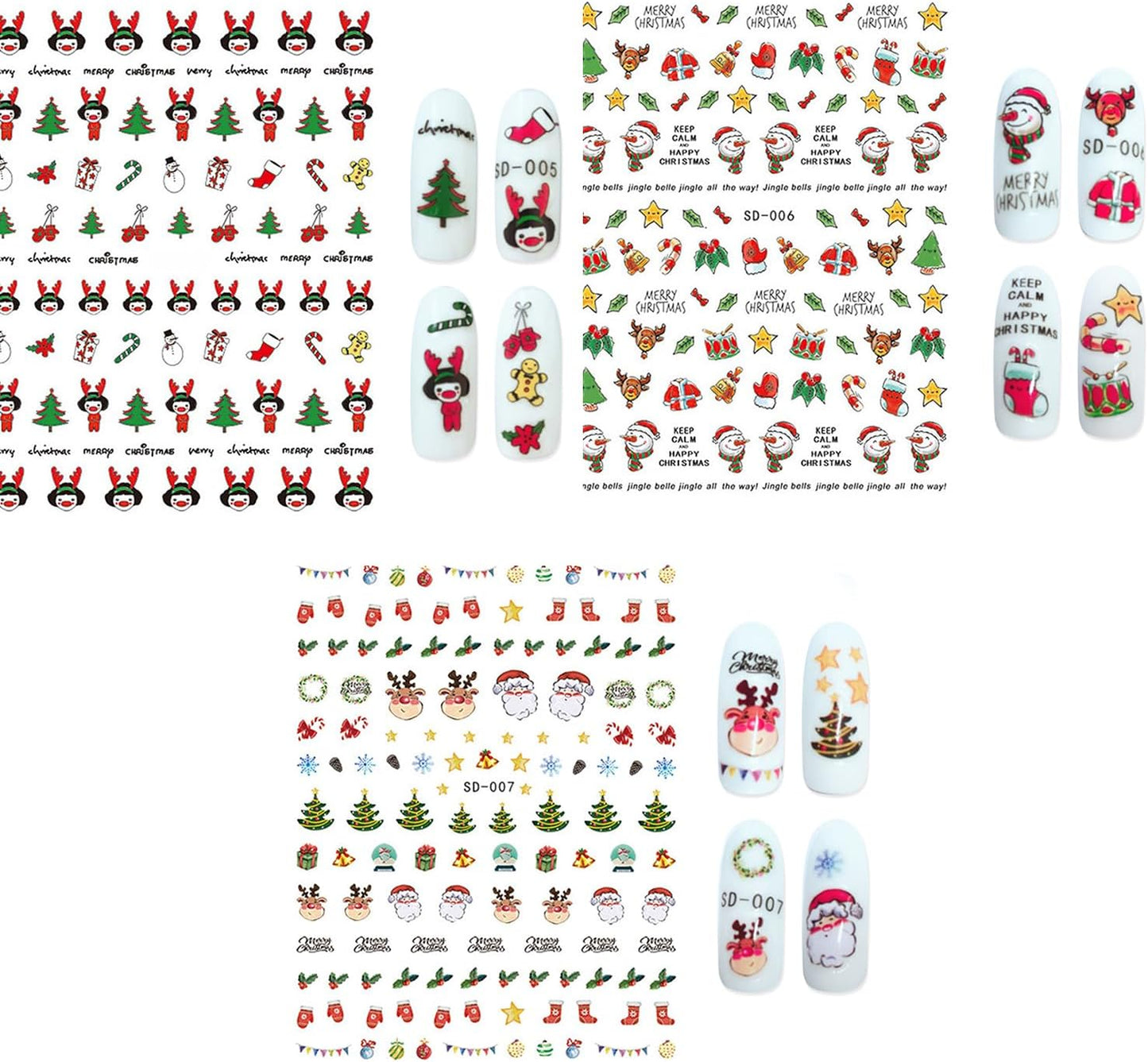 HNUIX Nail Stickers - 3D Christmas, Self Adhesive Nail Decals, Multi Colour, Snowman, Deer, Bells, 10 Sheets, for Nail Art