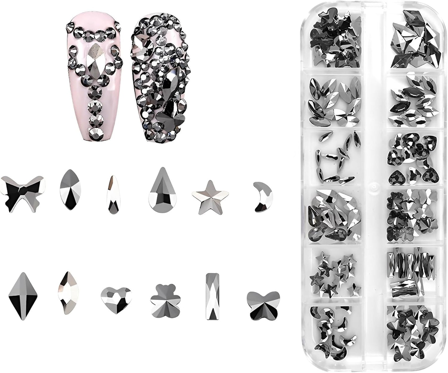 120pcs Flatback Rhinestones Glass Charms Diamantes Gems Stones for Nail Art Box Multi Shapes Jet Hematite