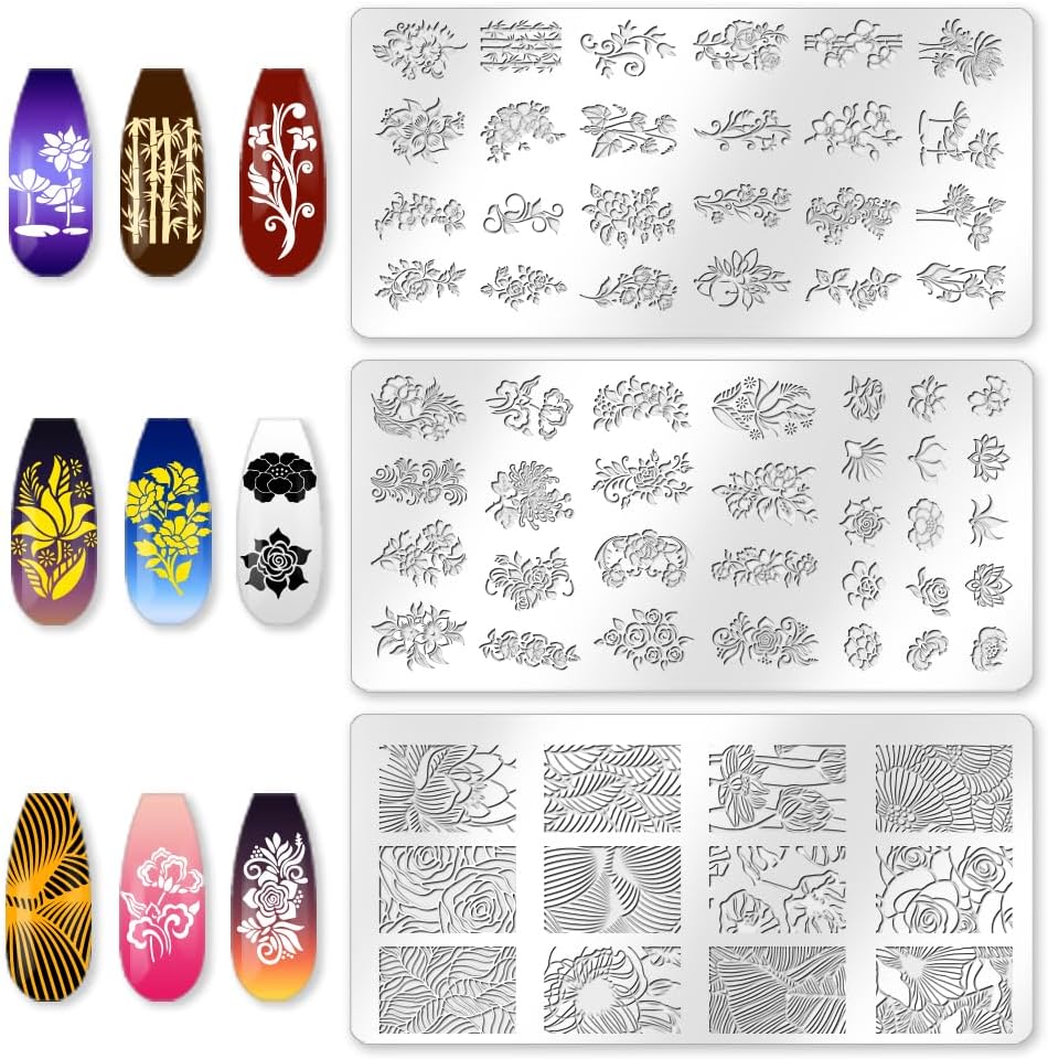3Pcs Vintage Floral Nail Stamping Plate Set Flower Leaves Bamboo Nail Stamp Templates French Line Tip Nail Stamp Plates Rose Metal Reusable Tools with Stamper Scraper for Manicure Printing