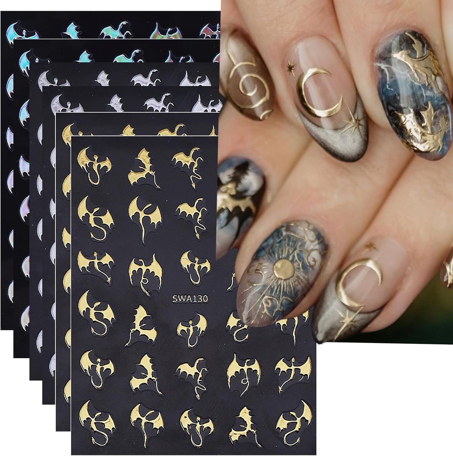 6 Sheets Halloween Nail Stickers Metal Flying Dragon Glitter Bat Nail Art Stickers Decals 3D Self Adhesive Nail Decals Glitter Bat Designs Nail Art Supplies Halloween Stickers for Nails for Women DIY