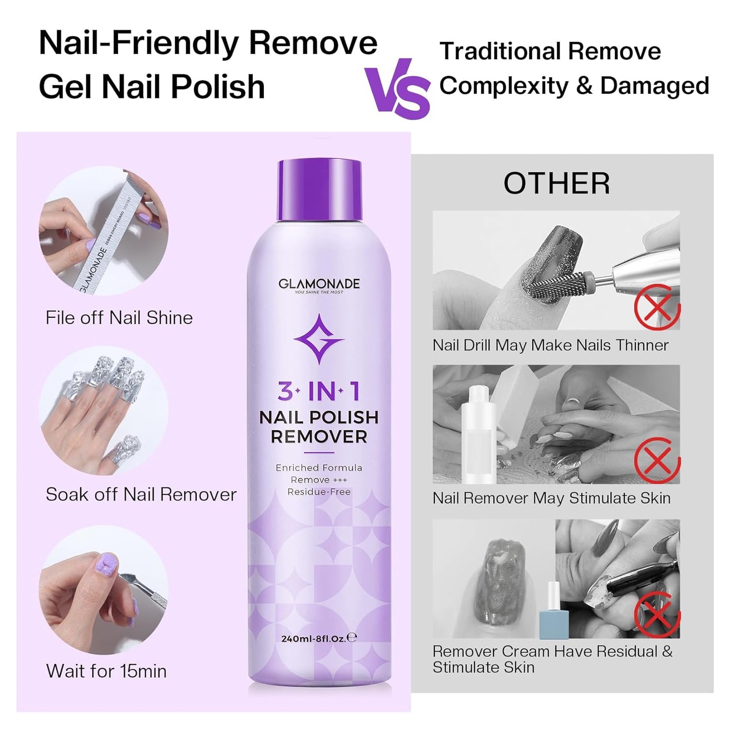 Acetone Nail Polish Remover: Professional Soak off Gel Nail Polish Remover Enriched with Natural Grape Seed Oil 8 Fl Oz for Gel Acrylic Nail Glue Dip Powder for Home Salon