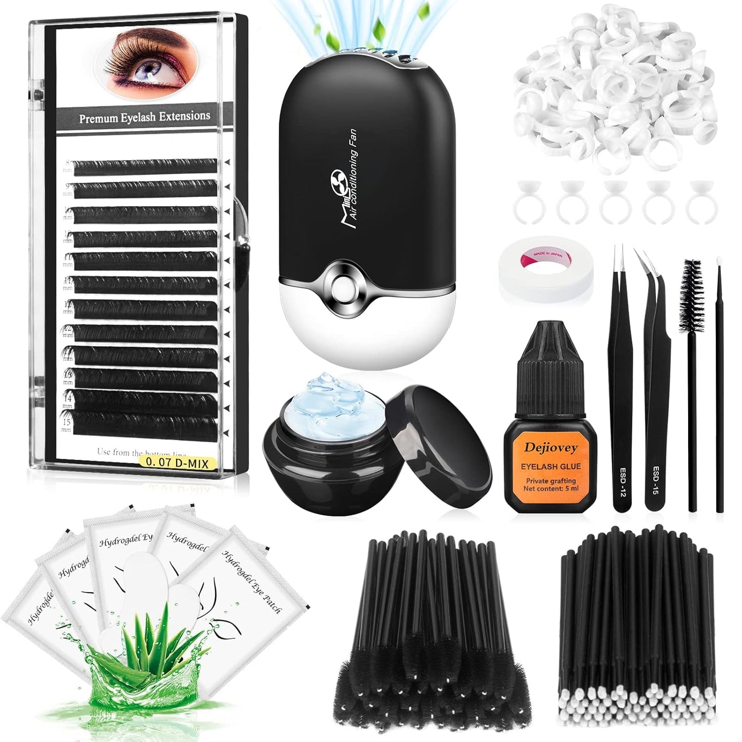 Eyelash Extension Kit - Individual Lash Extensions Supplies with 0.07D Curl Mix 8-15mm, Glue, Remover, USB Lash Fan, Tweezers, Eye Gel Pads, Micro Brushes, Mascara Brushes