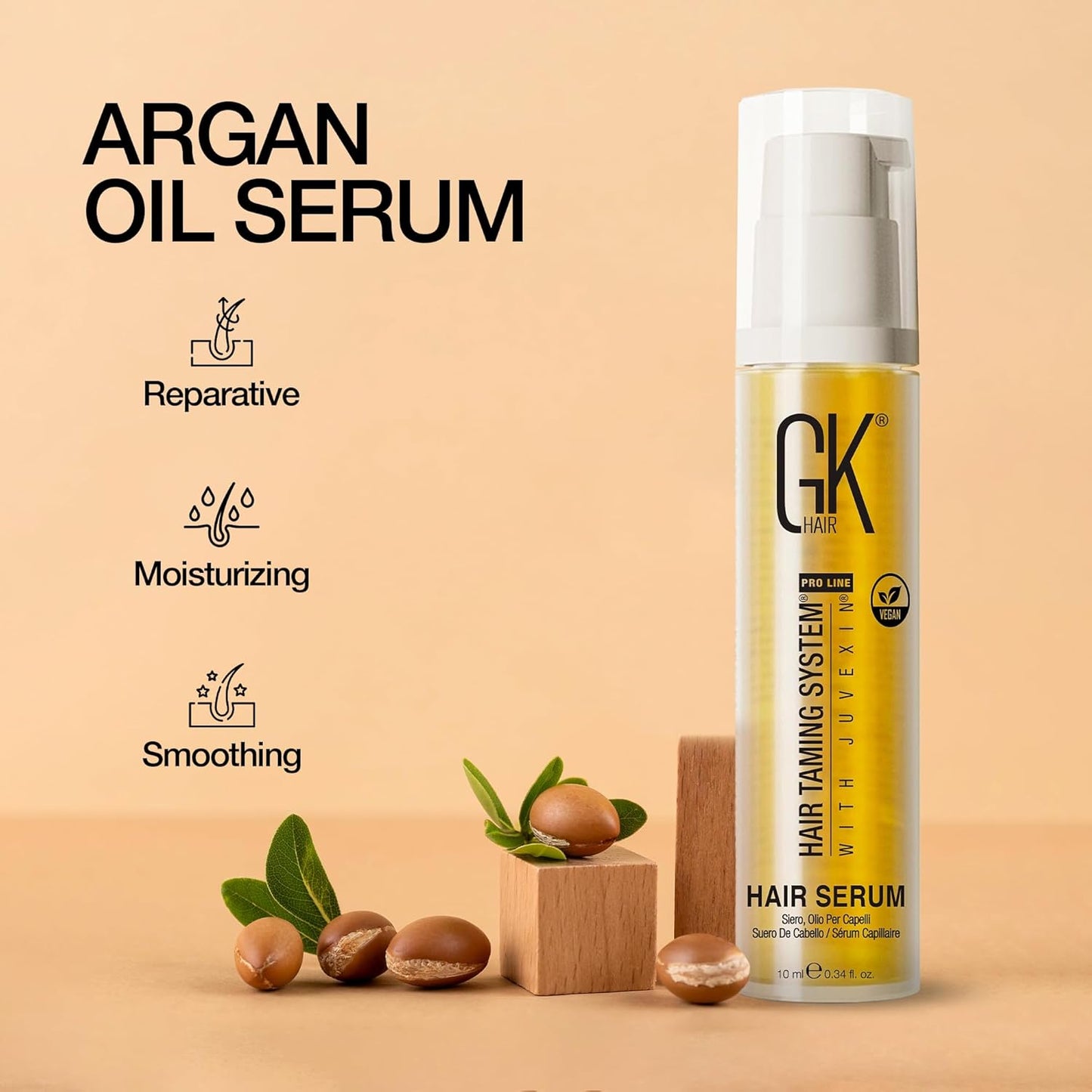 GK HAIR Global Keratin 100% Organic Argan Oil Anti Frizz Mini Serum (0.34 Fl Oz/10ml) Styling Smoothing Strengthening Hydrating & Nourishing Heat Protection Shine Frizz Control Dry Damage Hair Repair