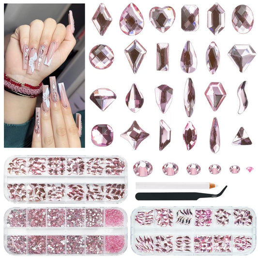 3 Boxes Light Pink Nail Rhinestones 240 Multi-Shapes Flatback Big Gems Round Beads K9 Glass Stones Diamonds Jewels Nail Art Charms for Nails Face Eyes Makeup DIY Crafts Tumblers Bottles Clothes