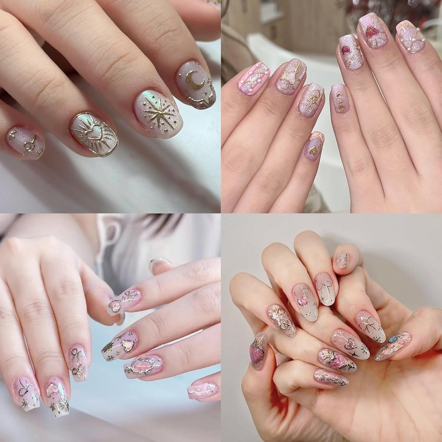 6 Sheets Love Bow Nail Art Stickers 3D Self-Adhesive Metallic Sweetheart Girl Armor Nail Sticker Retro Gold Sliver Starlight Glitter Nail Design Sticker for Women Girls Acrylic Manicure Decorations