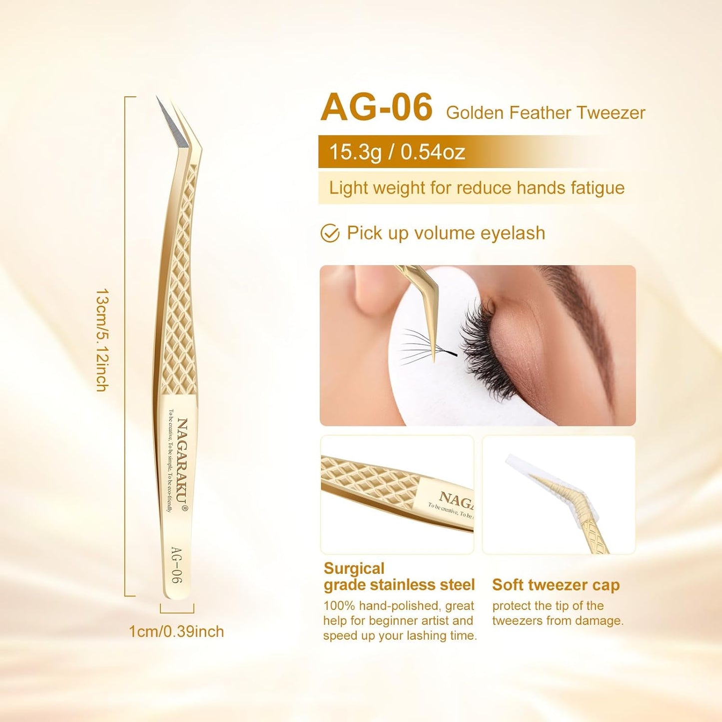 NAGARAKU Eyelash Tweezers, Precision Fiber Tip Tweezer for Eyelash Extensions Diamond Grip Anti-Static Anti-Slip Premium Gold Stainless Steel Pointed Eyelashes Tweezers with Box -Curved Tweezer AG-06