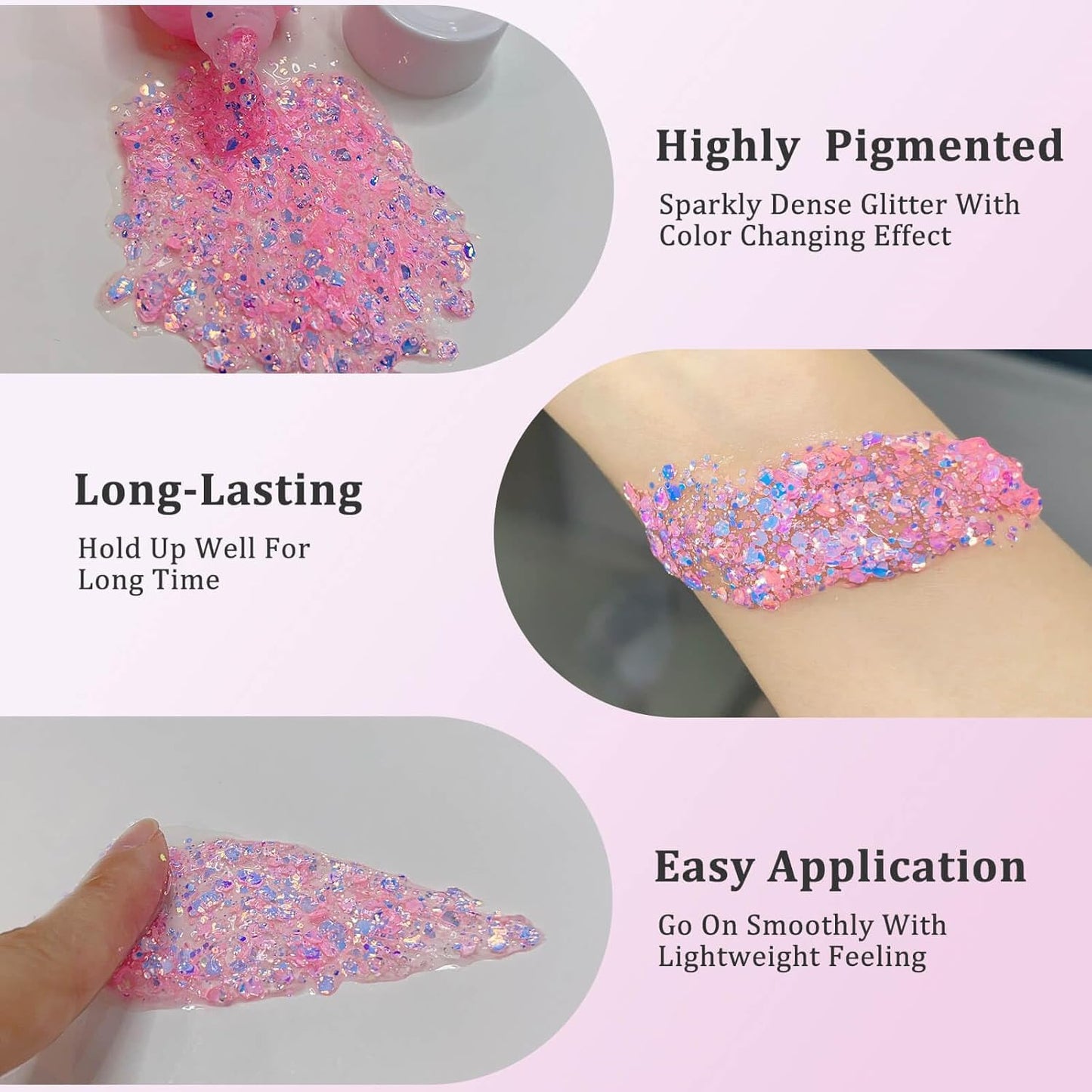 MEICOLY Chameleon Baby Pink Body Glitter,Pink Turn to Purple Face Glitter Paint,Color Changing Mermaid Face Glitter Gel for Halloween,Chunky Glitter for Face Body Hair,Festival Party Glitter Makeup