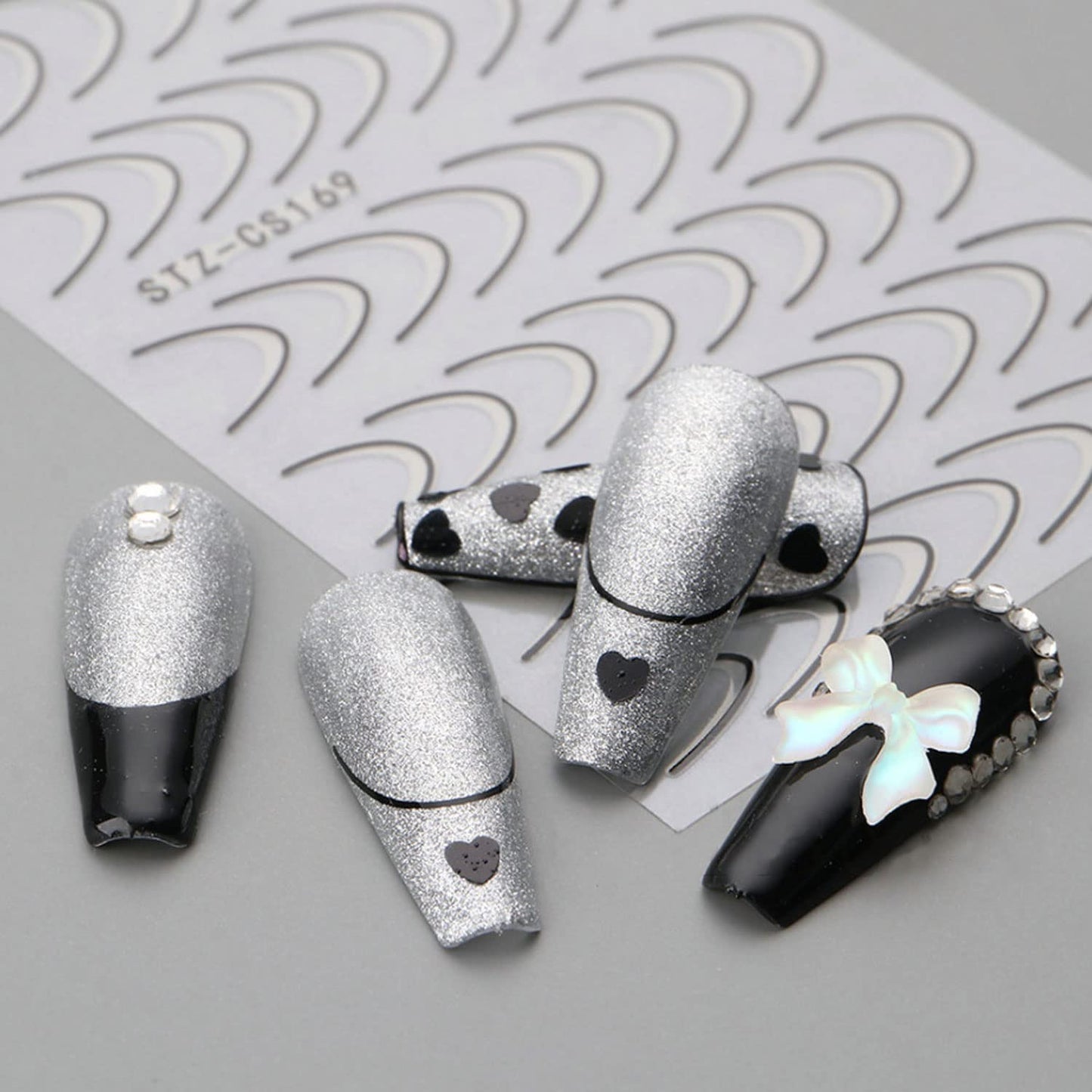 350+ Pcs French Tips Nail Stickers Decals, 8 Sheets Self-Adhesive Exquisite Noble Gold Silver Black Rose GoldFrench Manicure Nail Decals for Women Girls Beginners (U-Shaped)