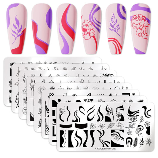Born Pretty Nail Art Stamping Templates Set Flowers Leaves Plant French Stamping Image Plates Manicure DIY Design Stamp Plates 8PCS