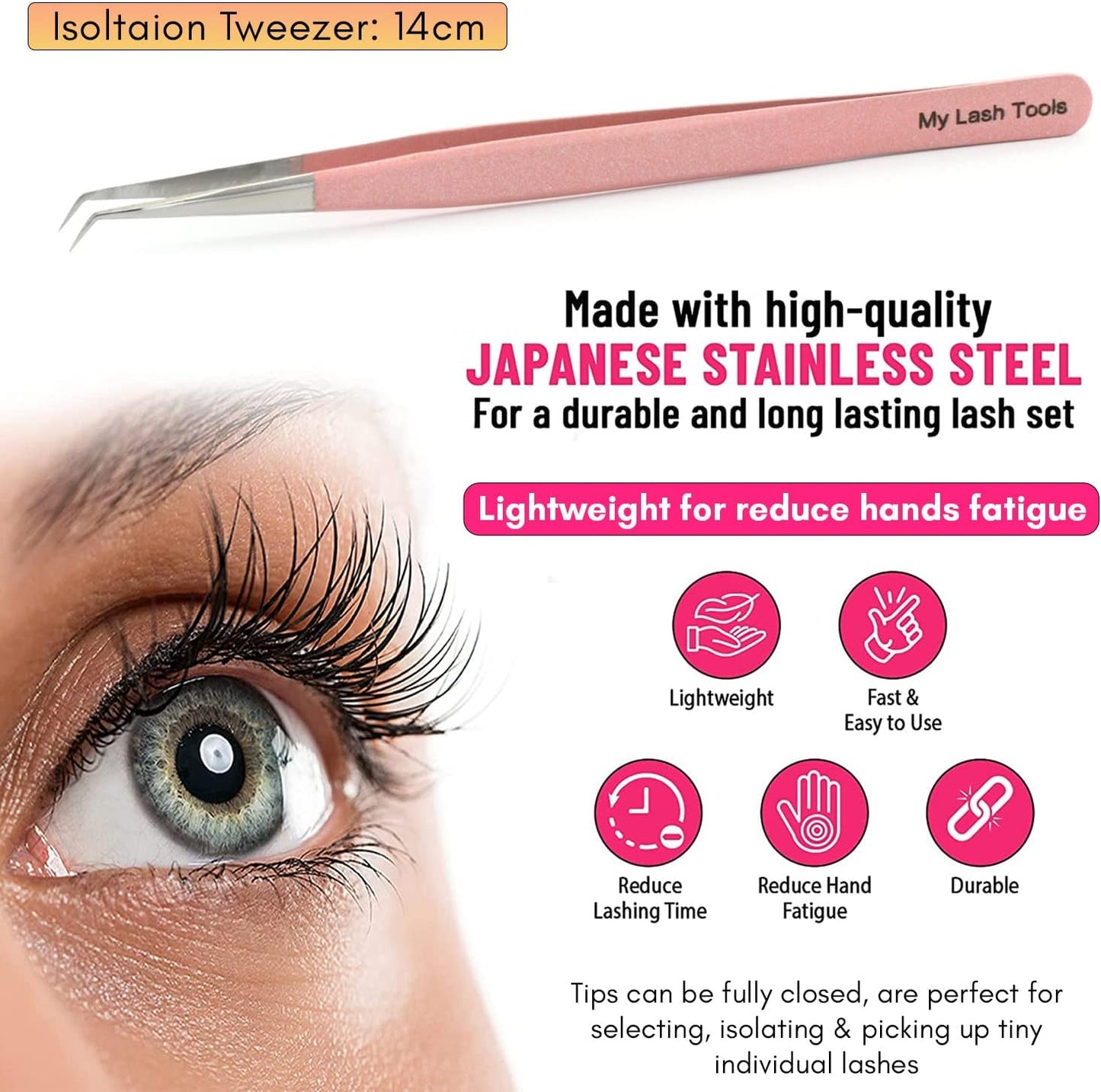 Isolation Lash Tweezers for Eyelash Extensions – 14cm Curved Tweezer, Japanese Stainless Steel, Best for Individual Isolation & Classic Lashes, Eyelash Twisers (Blush Pink)