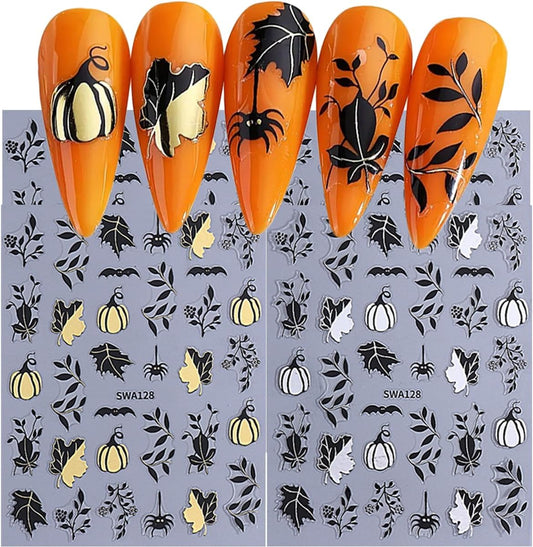 4 Sheets Halloween Nail Stickers Gold Pumpkin Leaves Bat Holiday Nail Designs 3D Self-Adhesive Spider Web Decals Black Leaf Nails Supplies for Women Girls DIY Manicure