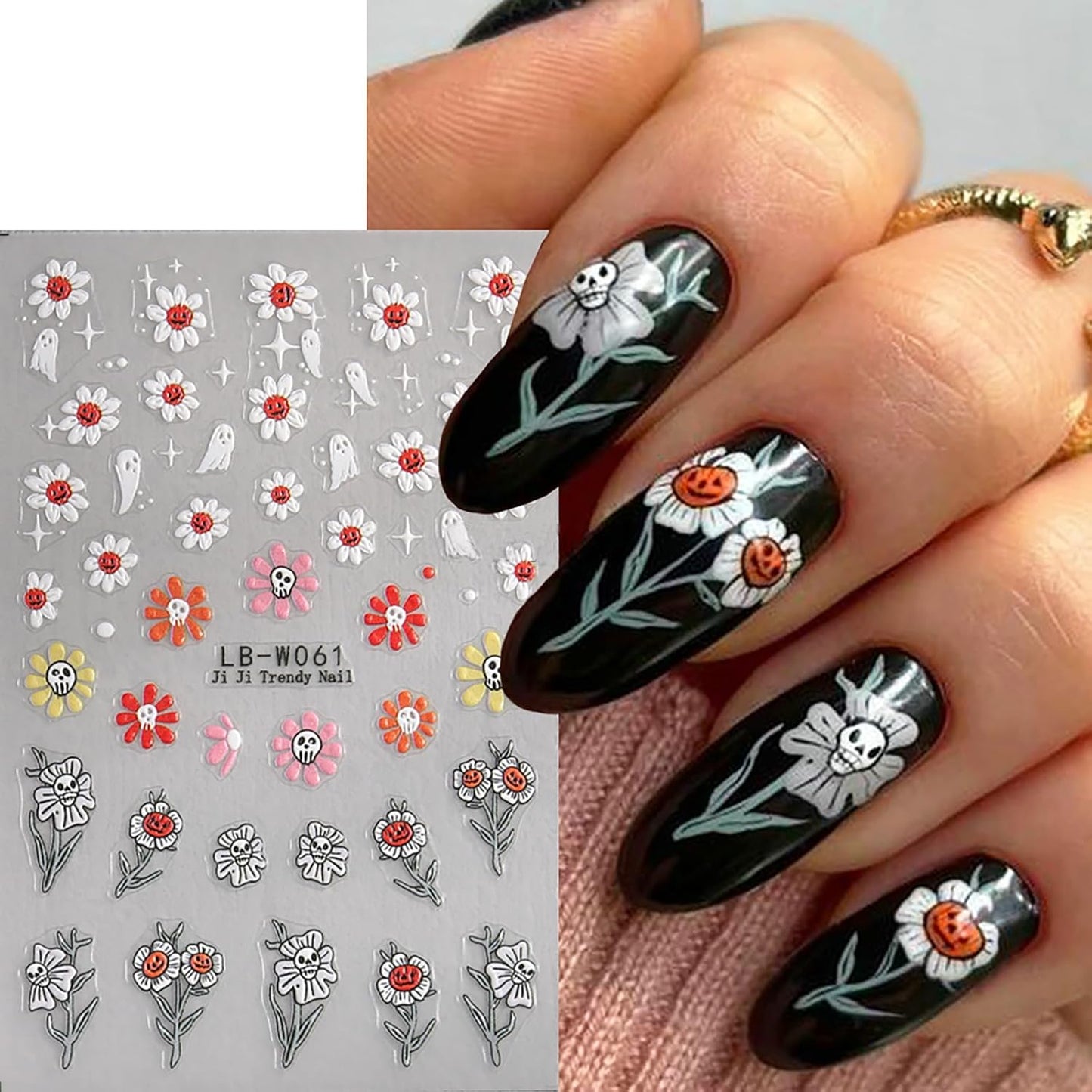 Ghost Nail Stickers 5D Embossed Halloween Nail Decals 5PCS Self-Adhesive Flower Spider Web Ghost Skull Nail Design Sticker Gothic Nail Art Supplies Accessories Cute Spooky Nail Art Stickers for Women