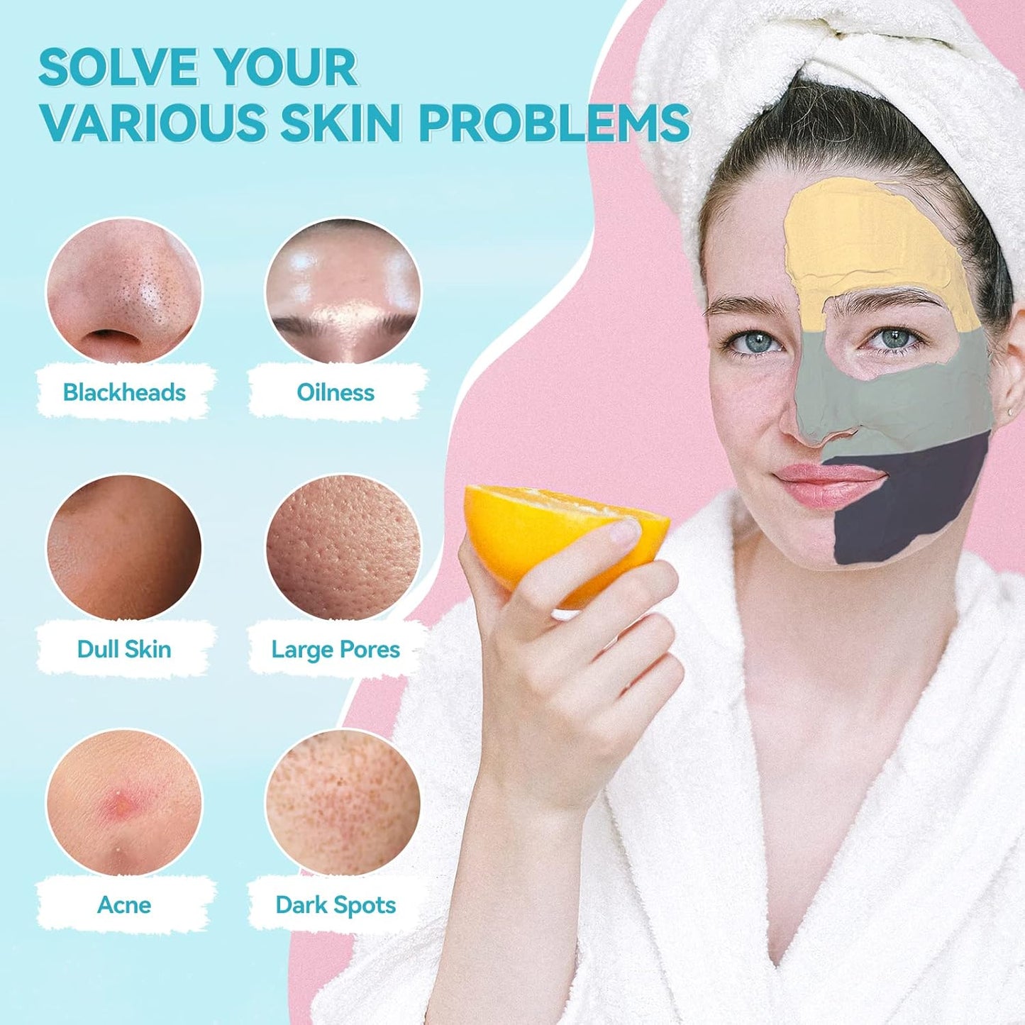 3PCS Clay Face Mask Skincare - Facial Skin Care Mask for Deep Pore Cleansing Turmeric Dead Sea Mud Green Tea Purifying and Hydrating - Reduce Acne Blackheads for Women and Men 2.5 OZ each