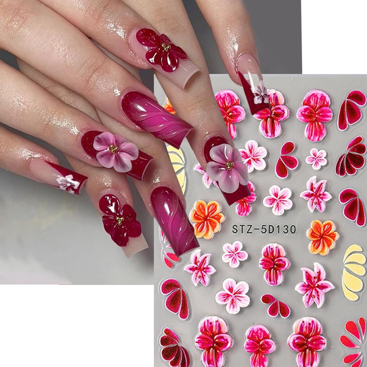 Flower Nail Stickers 3D Self Adhesive Nail Art Stickers 5D Embossed Nail Decals Red Hawaiian Floral Hibiscus with Rhinestone Design Black French Tips Manicure Accessories for Women 3 Sheet