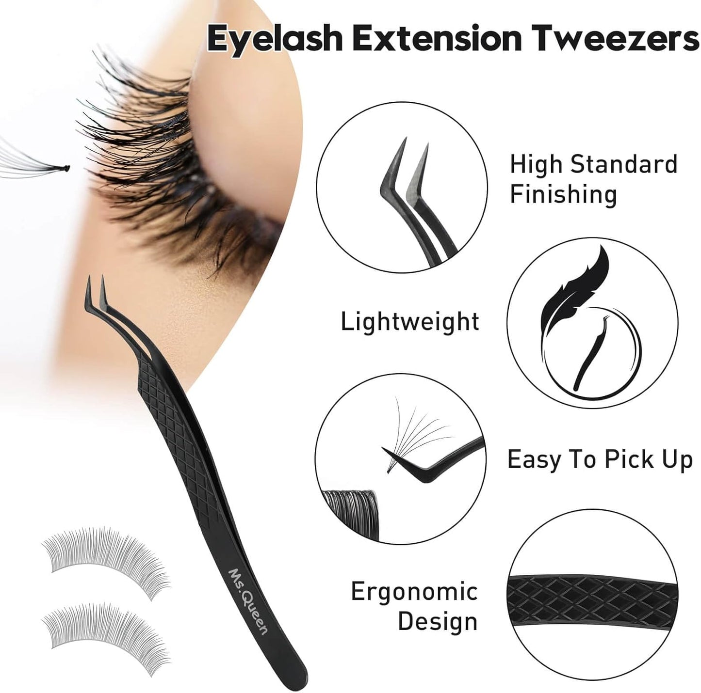 Ms.Queen Tweezers for Eyelash Extensions, Fiber Grip S-Curved Lash Tweezers for Inner Corner,Volume & Classic Lashes,Black