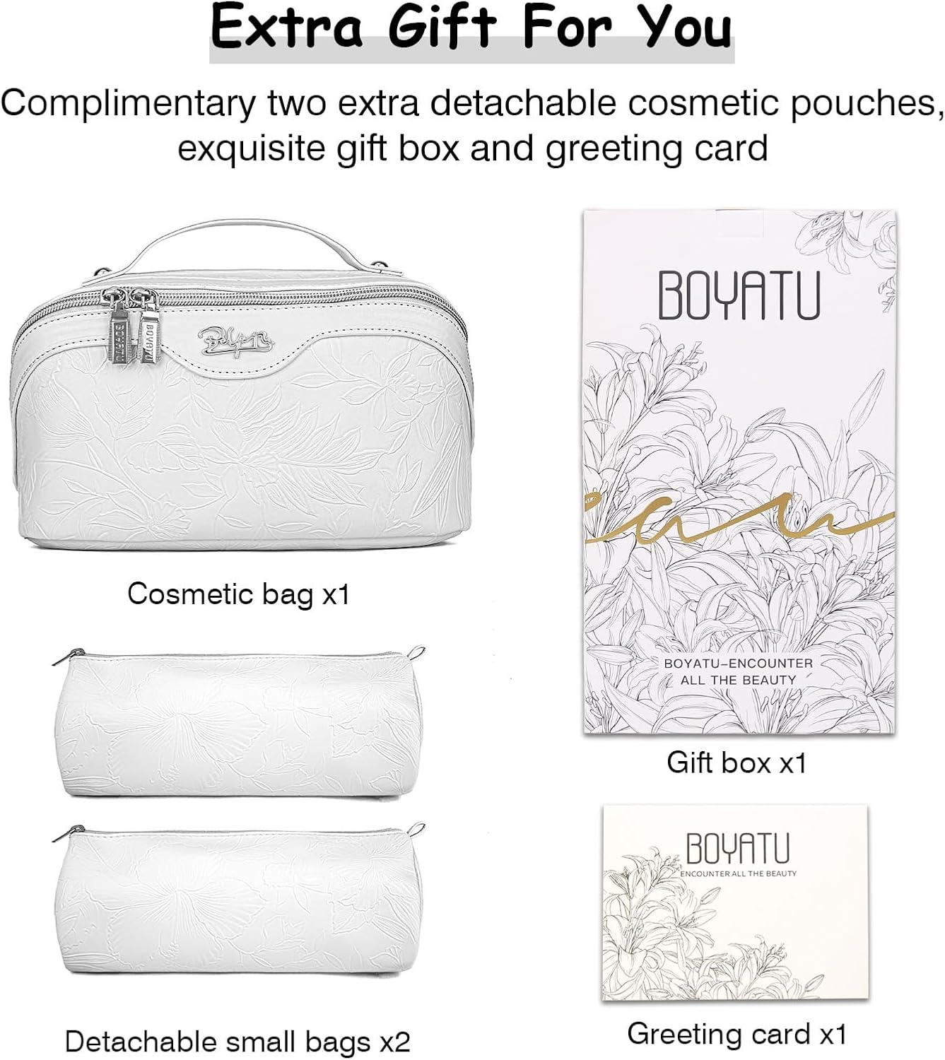 BOYATU Travel Makeup Bags Cosmetic Organizer Bag: 3-Set Large Capacity Make up Bag - PU Leather Toiletry Bags for Women - Wide Open Portable Pouch with Divider & Handle (02-White)