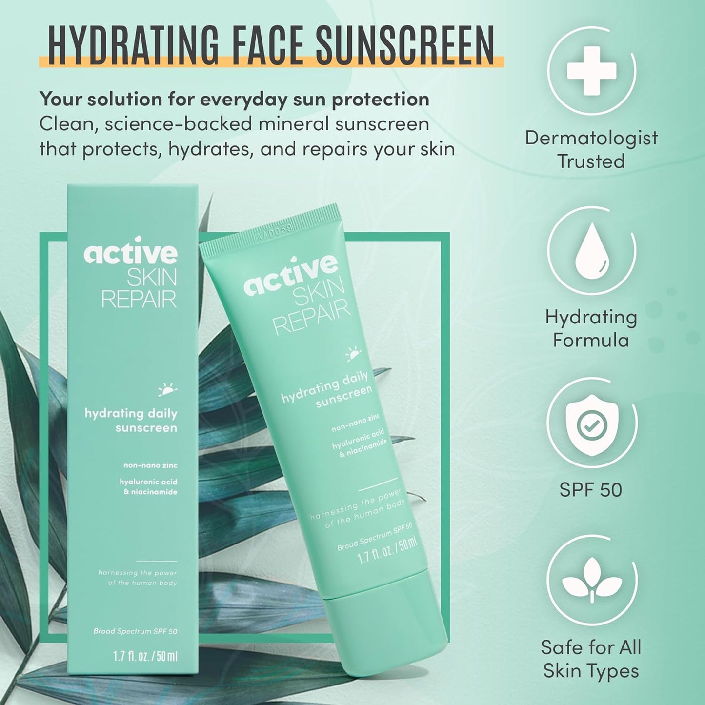 Active Skin Repair SPF 50 Hydrating Daily Sunscreen and Face Moisturizer, Non-Nano Zinc, Non-Toxic Broad Spectrum Protection Hydrating Mineral Facial Sunscreen, 1.7 fl. oz.