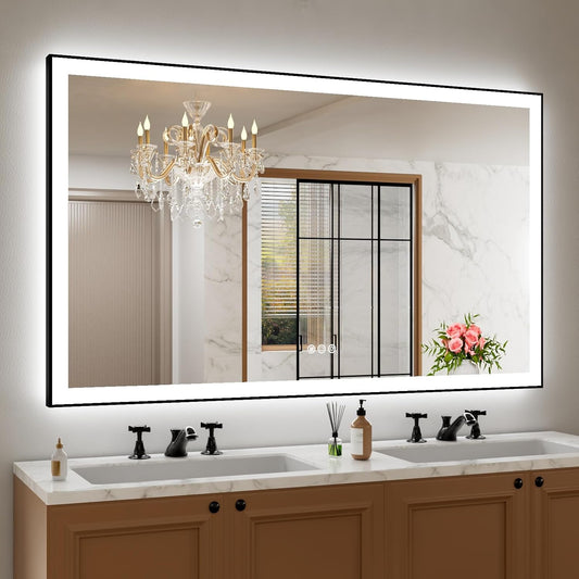 Amorho 60" X40" LED Bathroom Mirror with Black Frame, Front Light and Backlit(Controlled Separately), Stepless Dimmable, Anti-Fog, Shatter-Proof, 3 Colors, Memory