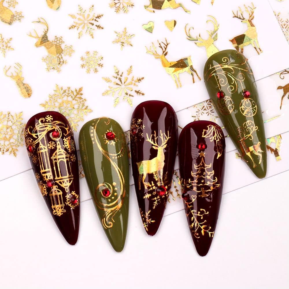9 Sheets Christmas Nail Art Stickers Decals Self-Adhesive Pegatinas Uñas Holiday Glod Laser Snowflakes Snowman Nail Supplies Nail Art Design Decoration Accessories