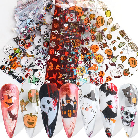 Halloween Series Transfer Stickers Kawaii Nail Art Foils Tattoo Decals - Pumpkin, Ghost, Sugar Skull, Haunted House, Spider Web, Candy Wrap Design - Manicure Tips Decorations Supplies