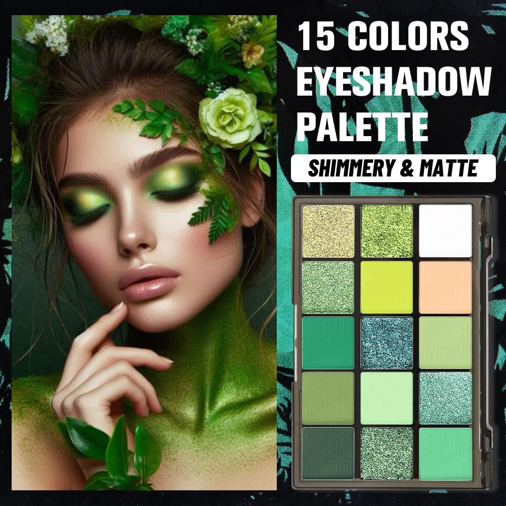 Smokey Green Eye Shadow Makeup Palette,15 Colors Bright Forest Emerald Dark Green Shimmer Matte Makeup Pallet,Long Lasting Waterproof for Daily and Halloween