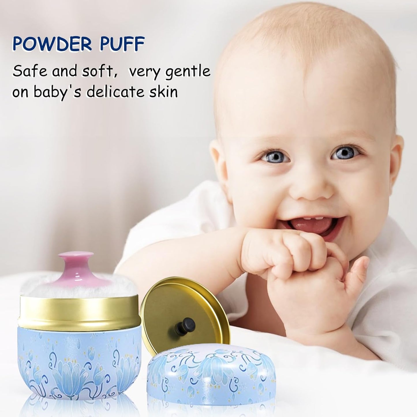 Body Powder Puff and Container for Dusting Powder, Women Powder Puff and Powder Case for Bath and Travel (Light Blue)