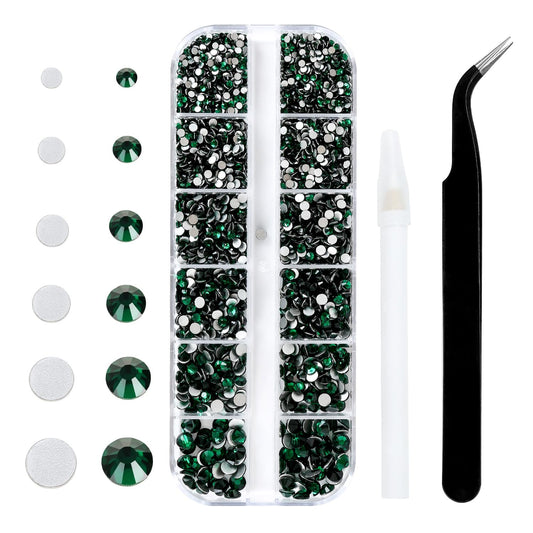 4240Pcs Malachite Green Flatback Rhinestones 6 Sizes Crystal Diamonds for Nail Art Crafts Clothes Shoes with Tweezers and Picking Pen