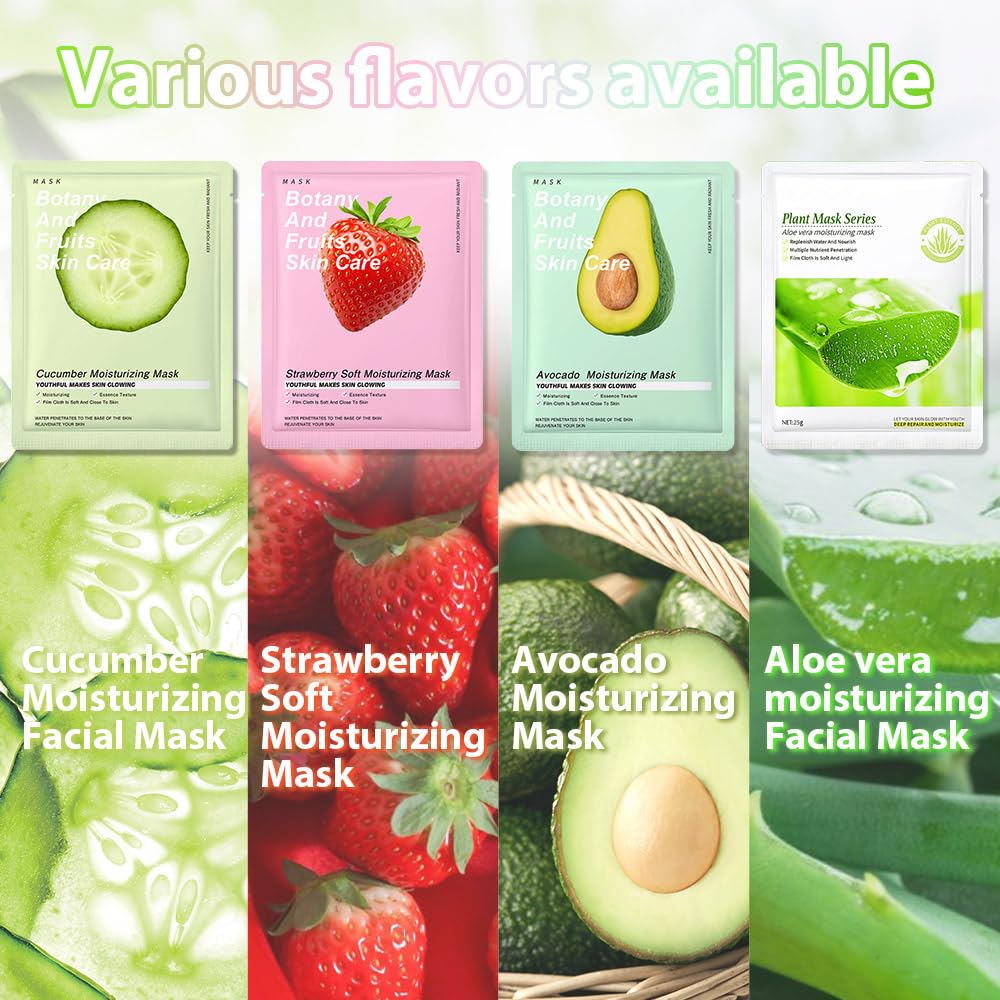 12 Pack Various Fruits Face Sheet Mask Skincare,Hydrating Face Mask For Sensitive Skin,Moisturize,Soothing,Nourish for All Skin Types,Natural Spa Party Facial Mask Skincare Set for Women Men Girls