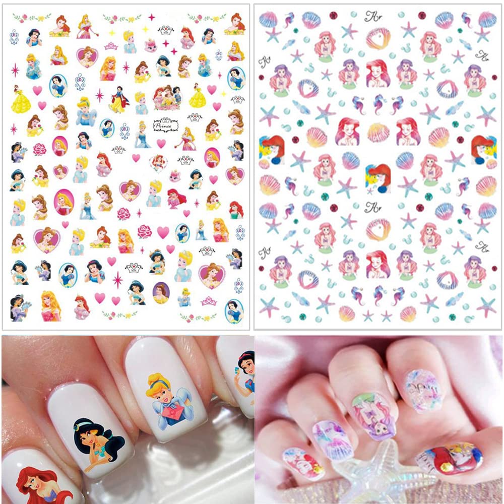 8 Sheets Cute Cartoon Nail Art Stickers Decals 3D Self Adhesive Kawaii Mermaid Design Acrylic Nail Art Supplies Cartoon Nail Stickers for Women Girls DIY Cute Manicure Tips Decorations Accessories