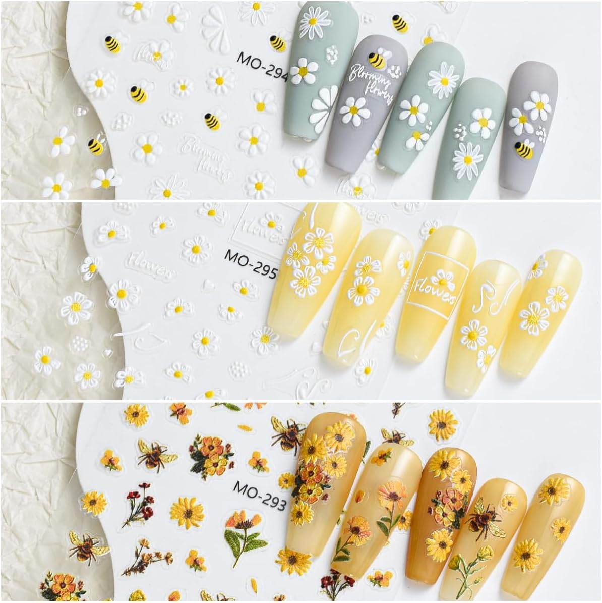 Bee Nail Stickers 3 Sheets Self-Adhesive Daisy Nail Decals White 5D Embossed Floral Nail Art Stickers for Women DIY Manicure Accessories Decorations