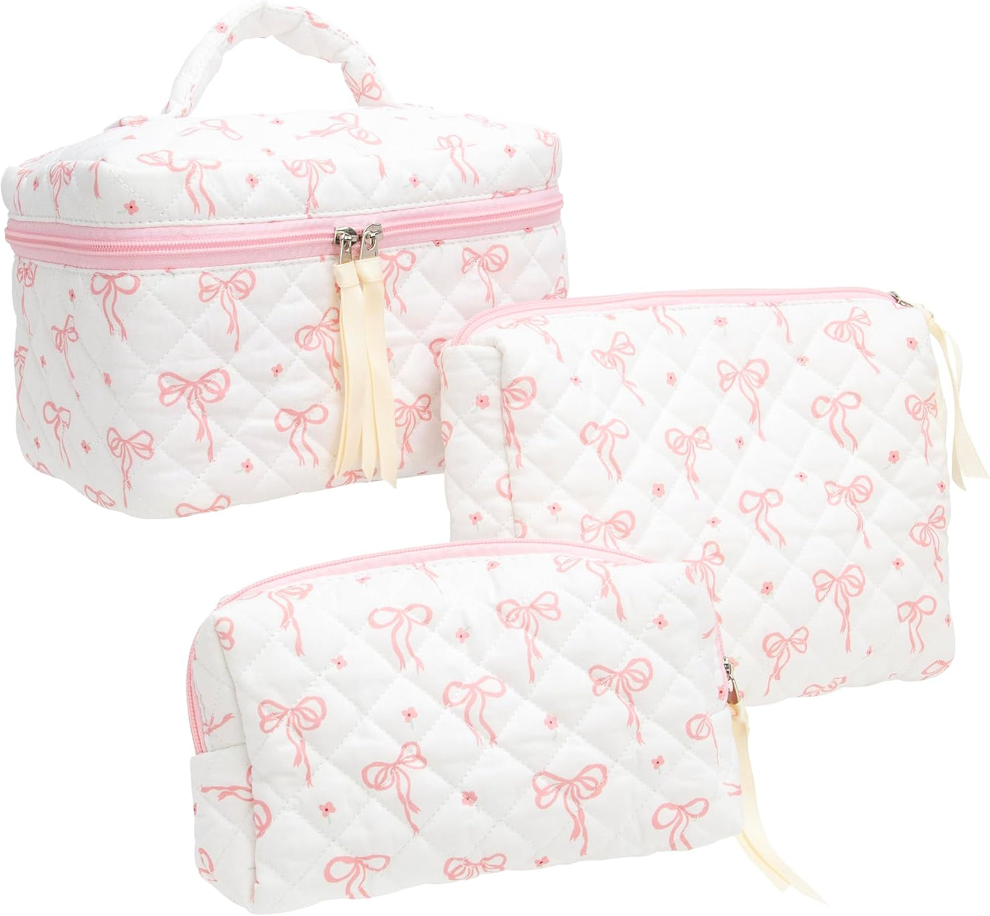 3PCS Makeup Bag SET Large Travel Quilted Zipper Soft Cosmetic Case Pouch for Women Girls Make Up,Bow Pink