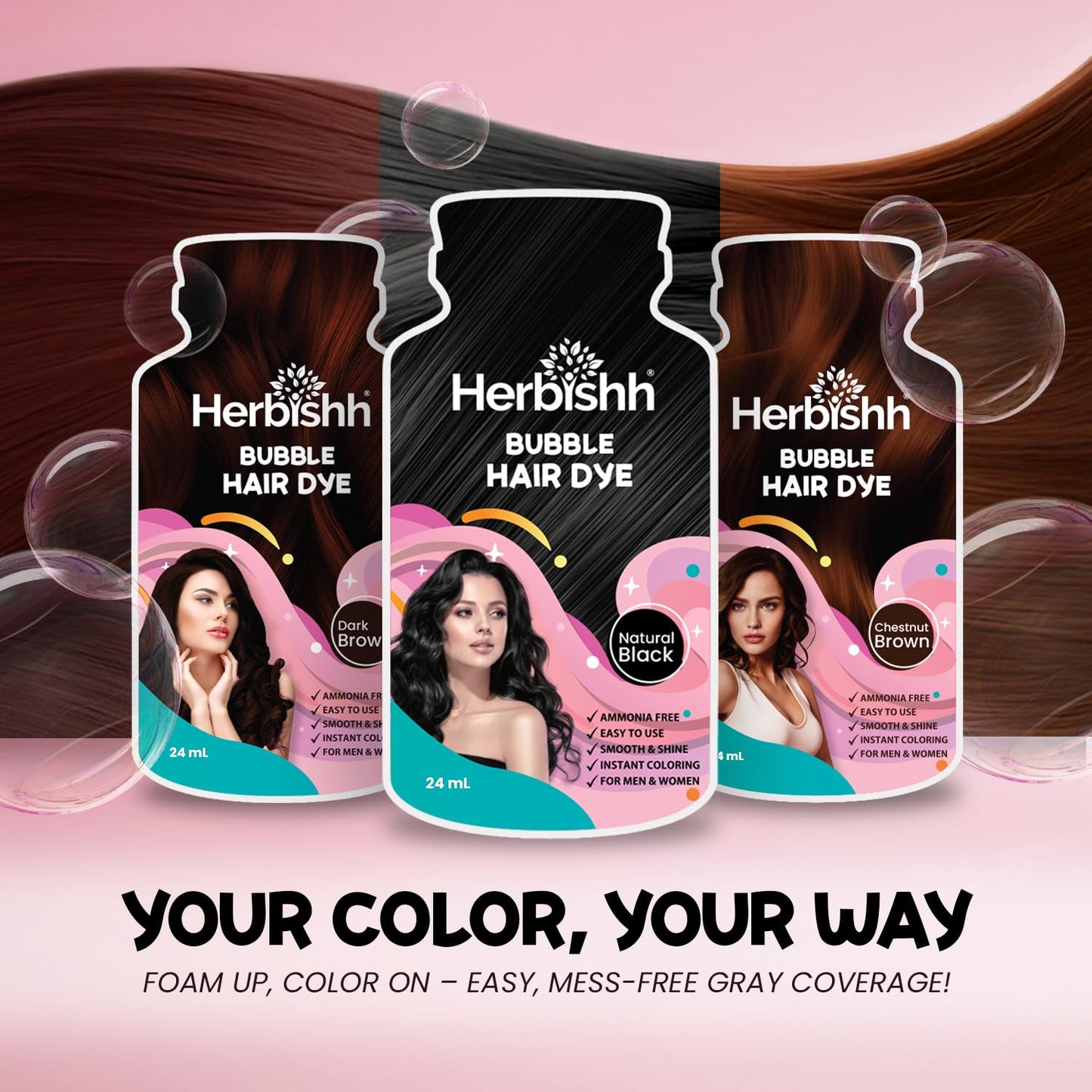 Herbishh Bubble Foam Hair Dye Shampoo, 3 in 1 Dye for 100% Grey Coverage, Permanent Hair Coloring for Men & Women, Long-lasting & Travel-friendly, Ammonia-free, 10 Sachet x 24 ml (Chestnut Brown)