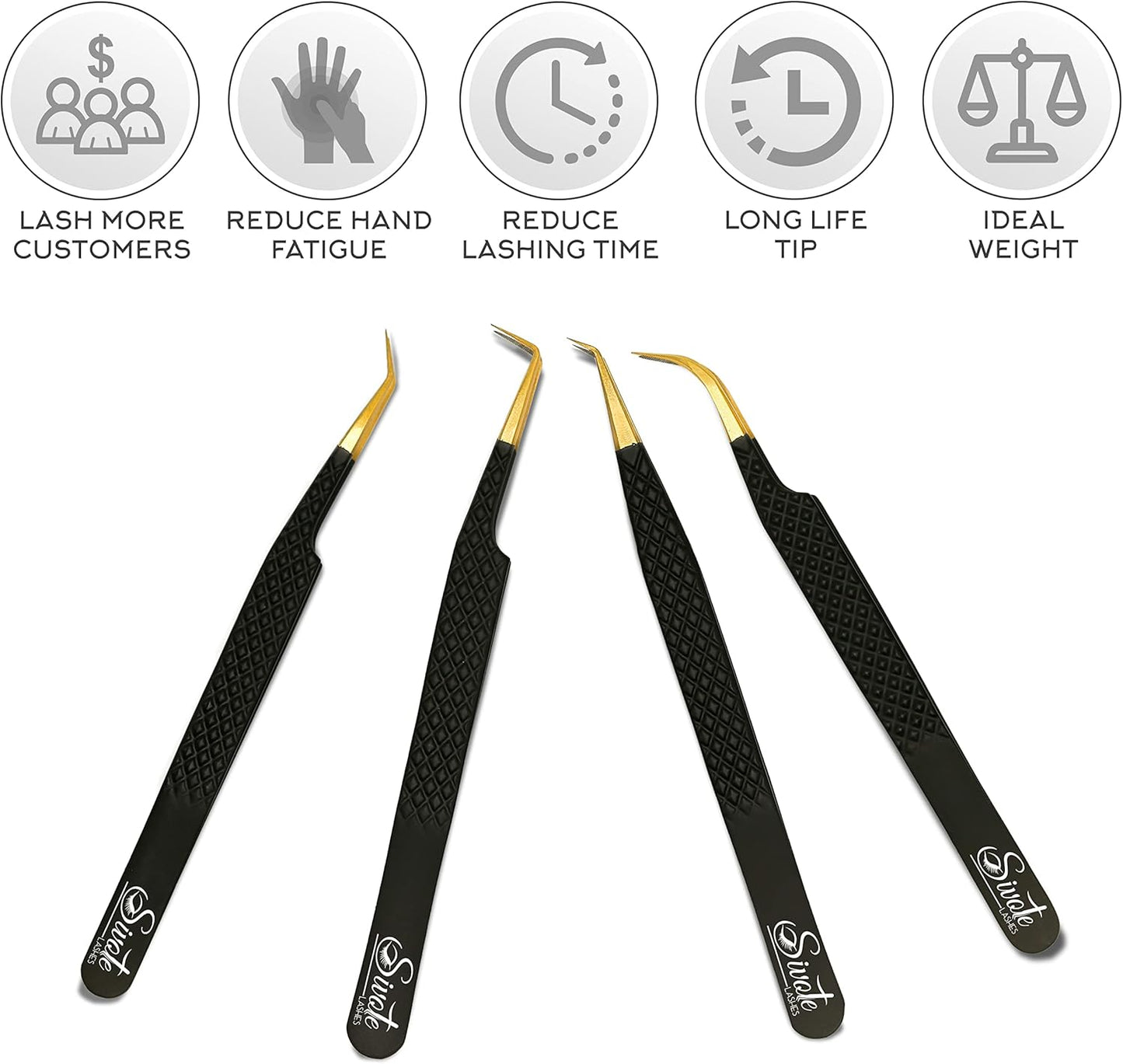 SIVOTE Fiber Tip Lash Tweezers for Eyelash Extensions with Diamond Grip, Black, Set of 4 - Precise Tips Japanese Steel for Classic, Volume & Mega Volume Lashes, Anti-Rust - Ideal for Lash Artists